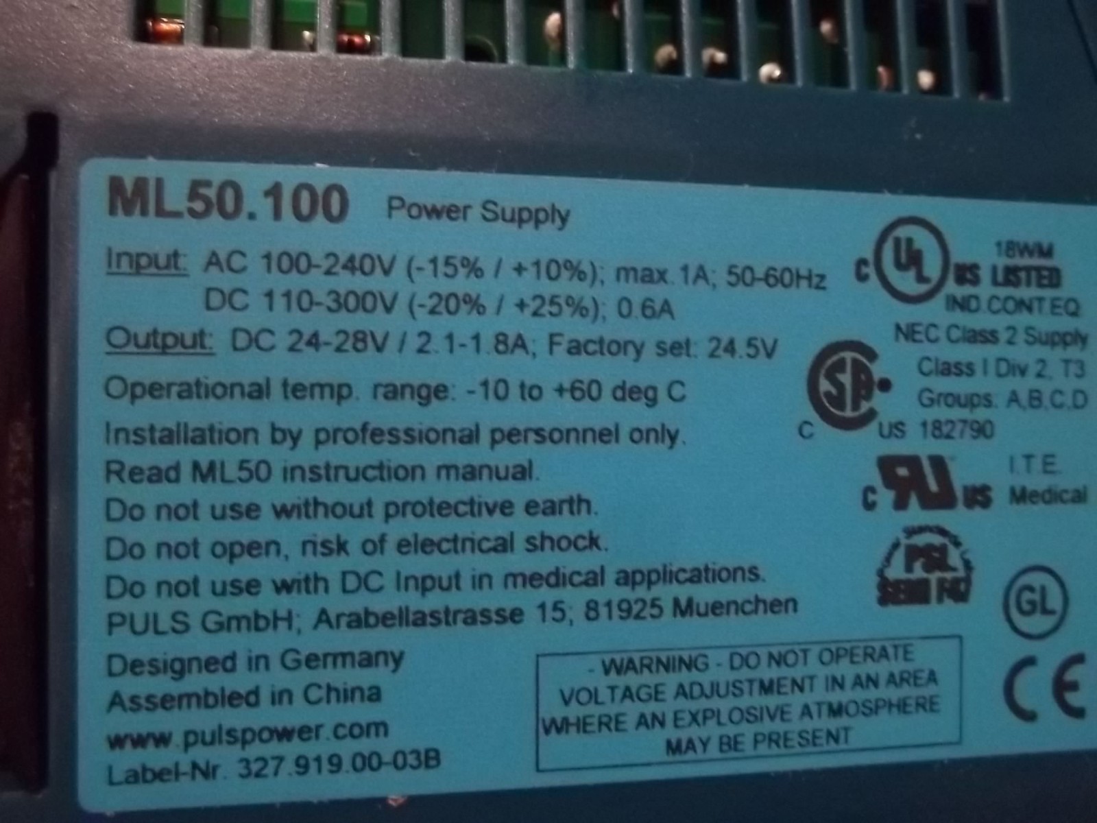 NIB PULS ML50.100 POWER SUPPLY 100-240 VAC (WL64-1)