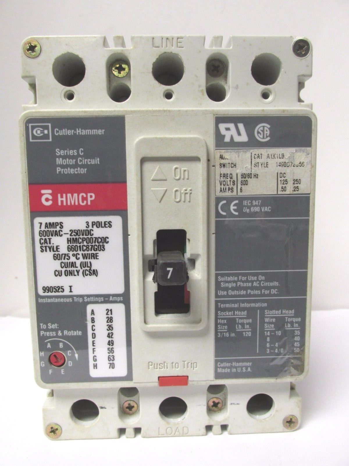 * CUTLER HAMMER 3 POLE 7 AMP HMCP007C0C CIRCUIT BREAKER W/AUX …….. VA-135A