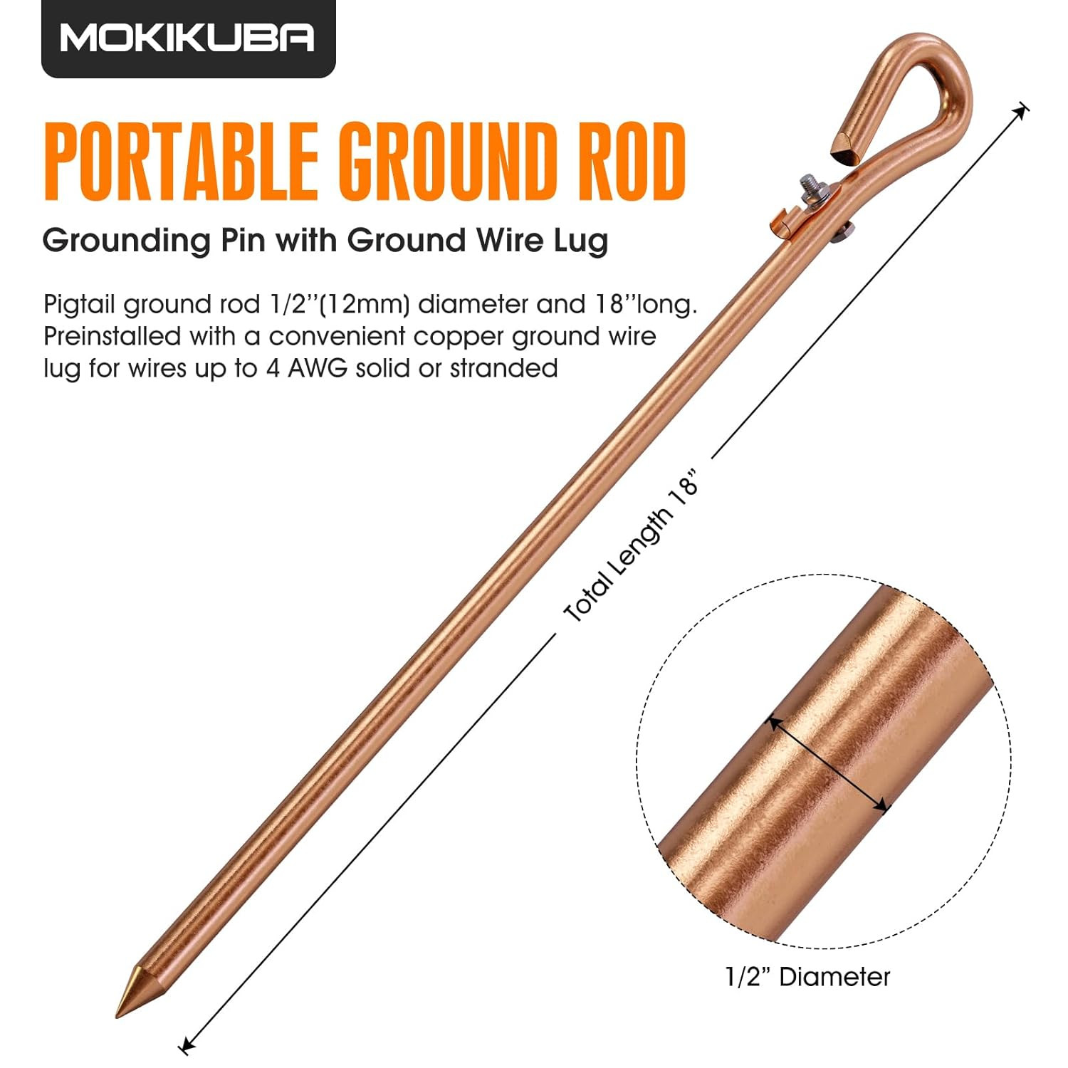 Portable Ground Rod – Copper Electrical Grounding Pin with Ground Wire Lug| Grea