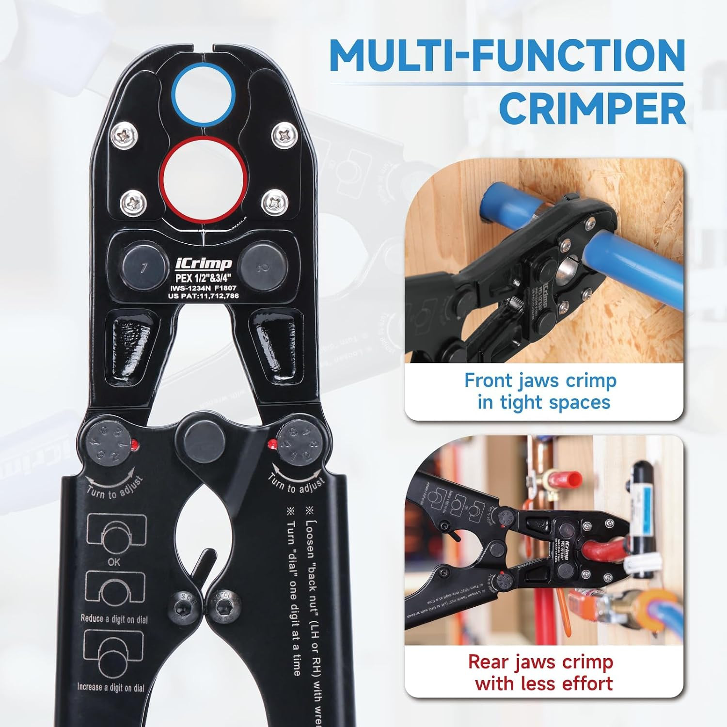 Icrimp PEX Pipe Crimping Tool, Convertible 1/2″ & 3/4″ Jaws | Convertible 1/2″ &