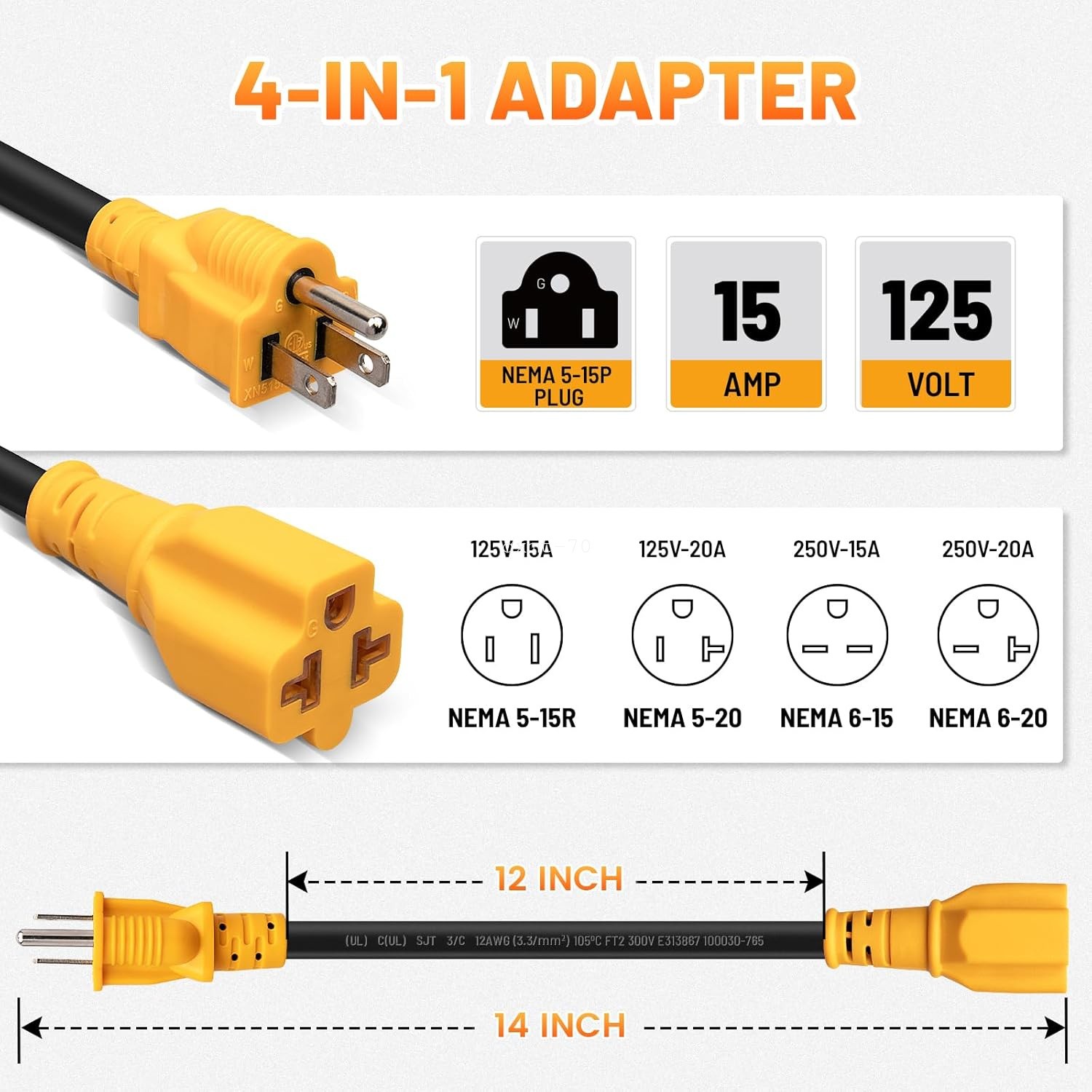 15A AC Power to 20A T Blade Adapter Cable 5-15P to 5-15R 5-20R 6-15R 6-20R 1FT