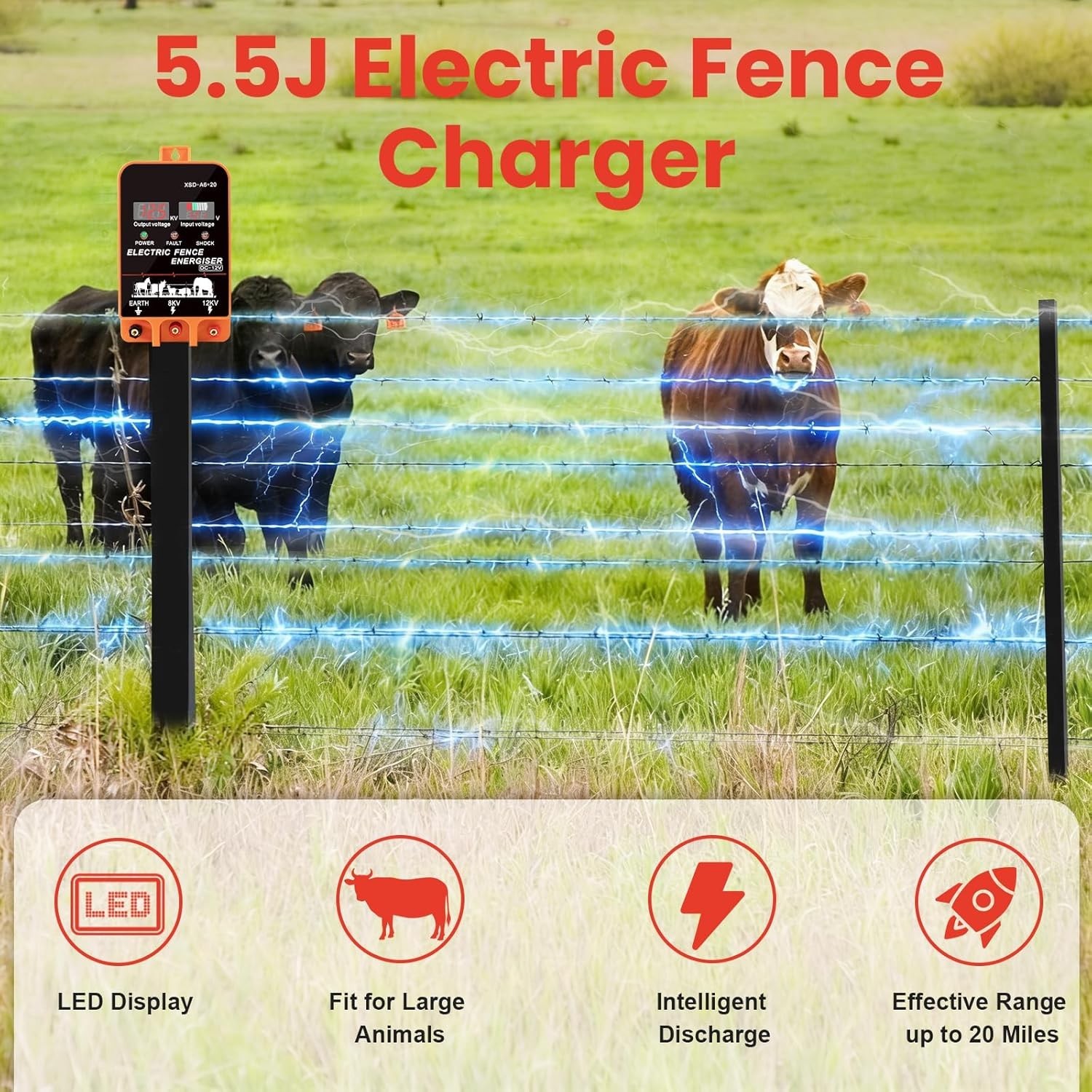 9J Electric Fence Charger Energizer, 9 Joules 400 Acres, AC DC 2 in 1 Powered Su