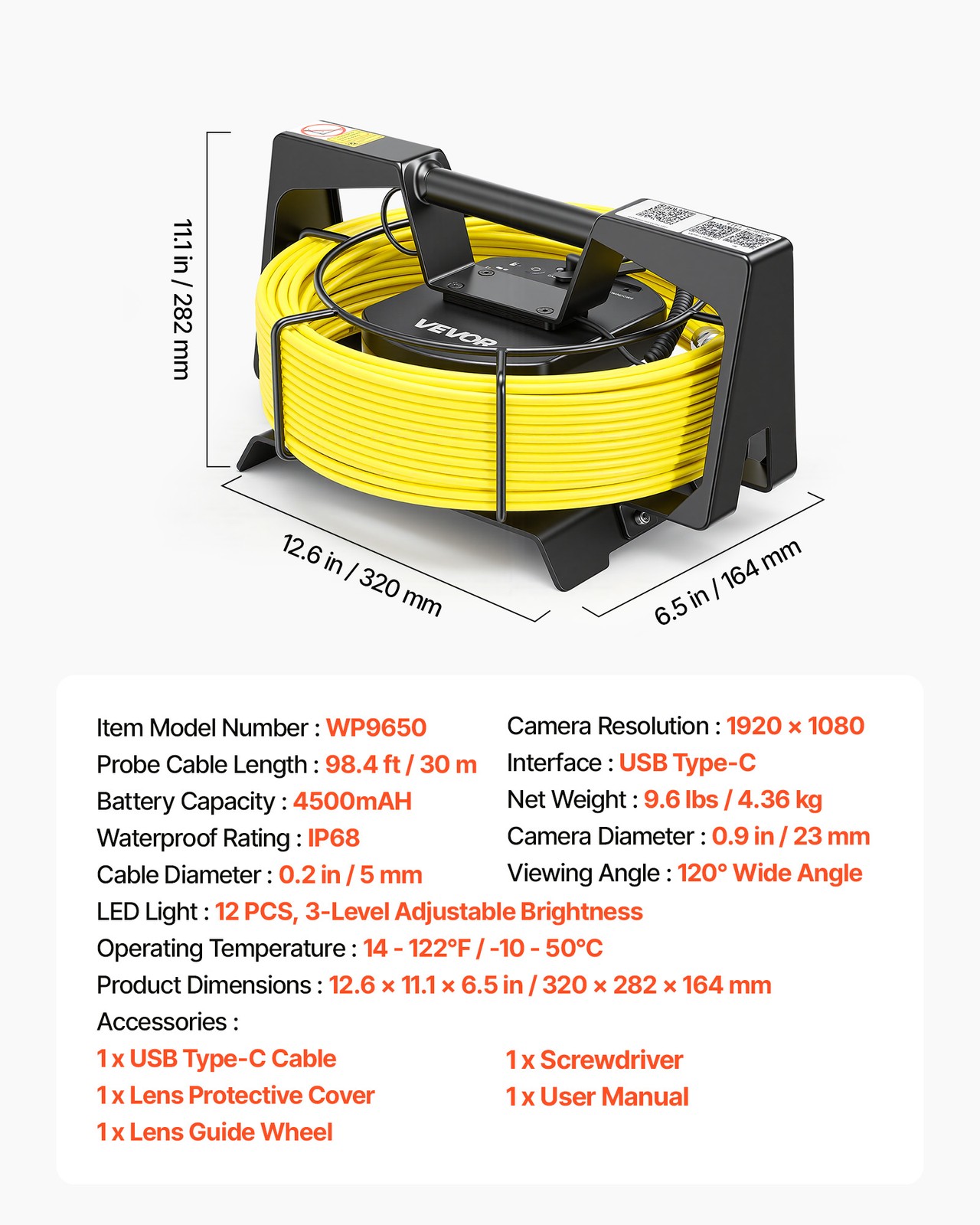 VEVOR Sewer Camera with WiFi 98.4ft/30m IP68 Drain Pipeline Camera 12 LED Lights