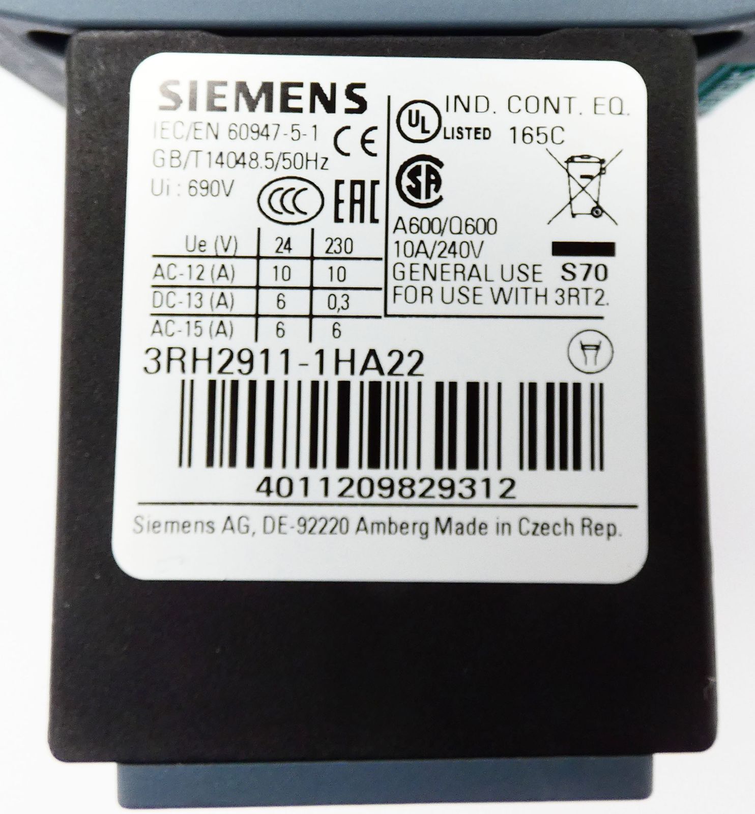 Siemens SIRIUS 3RT2027-1AL20 E:03 Power Contactor + 3RH2911-1HA22 E:03 -used-