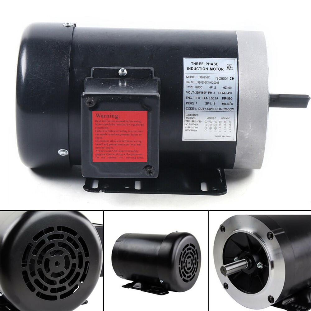 2HP 3 Phase Electric Motor 3450 RPM 56C Frame TEFC 208 230/460V Premium Efficien