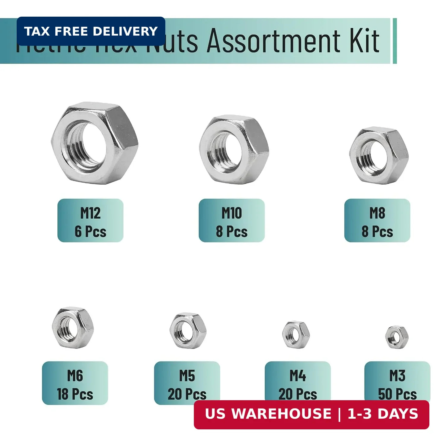 Bates- Metric Hex Nuts Assortment Kit, 7 Sizes, 130 pcs, Stainless Steel, M3 M4
