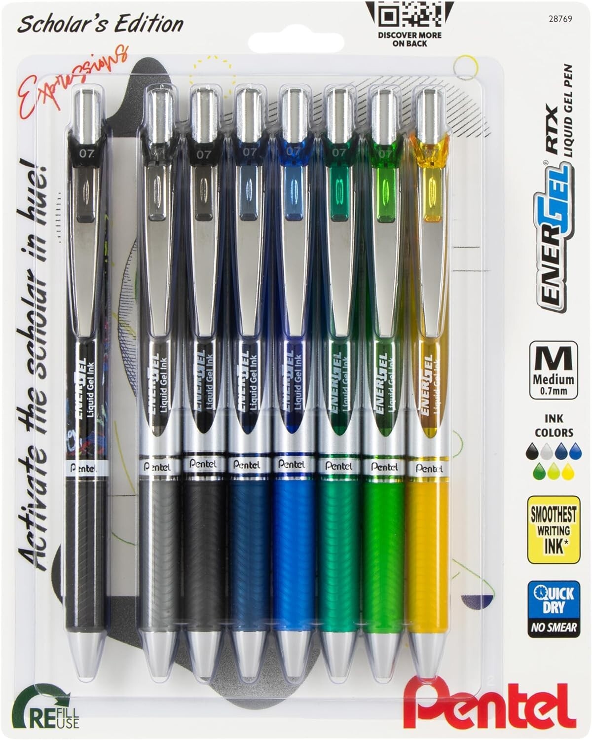 Pentel EnerGel RTX Retractable Liquid Gel Pen, Scholar Expressions Pack, 0.7mm