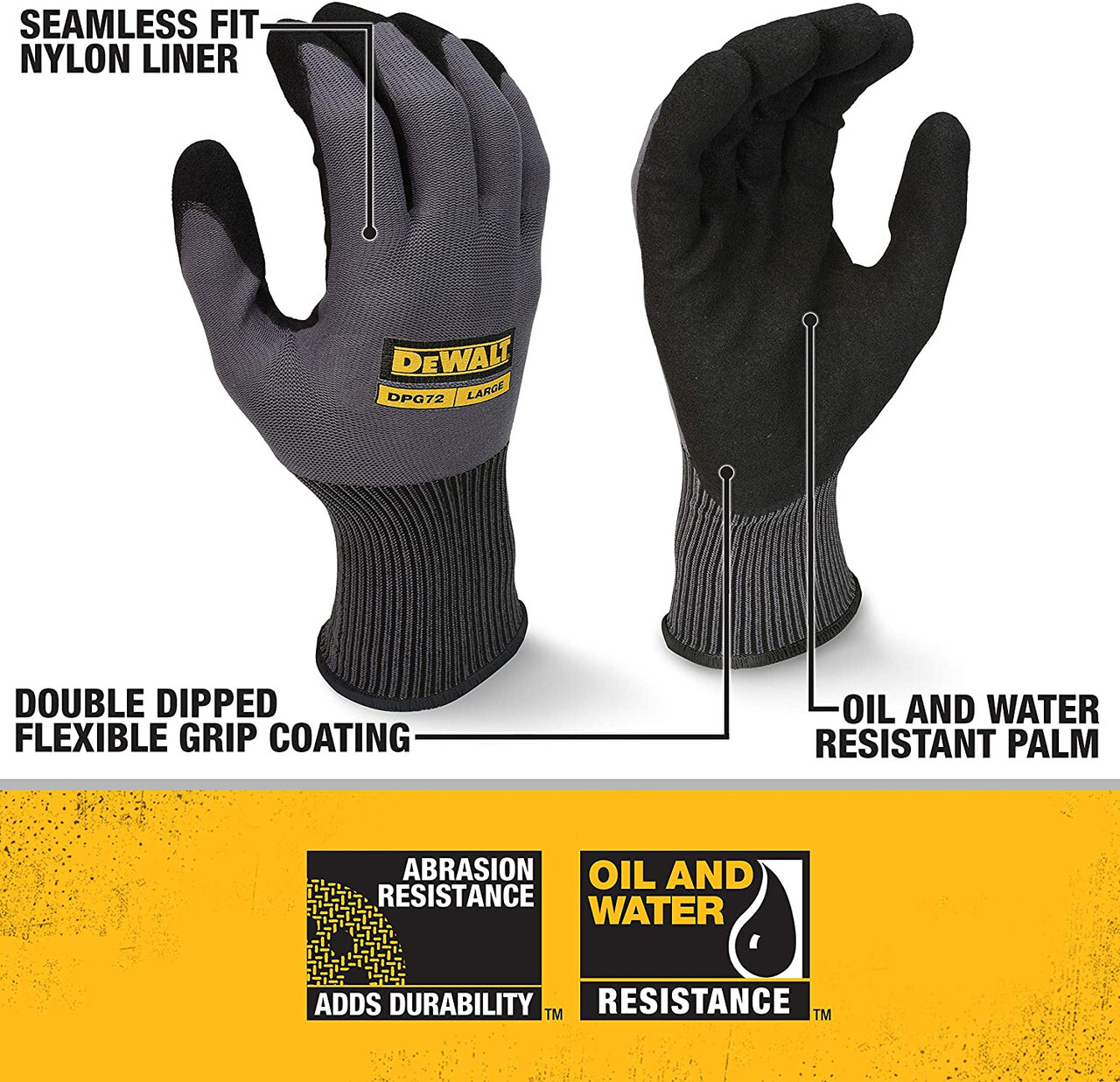 1 PAIR DeWalt Flexible Durable Nitrile Grip Palm Coated Lightweight Work Gloves