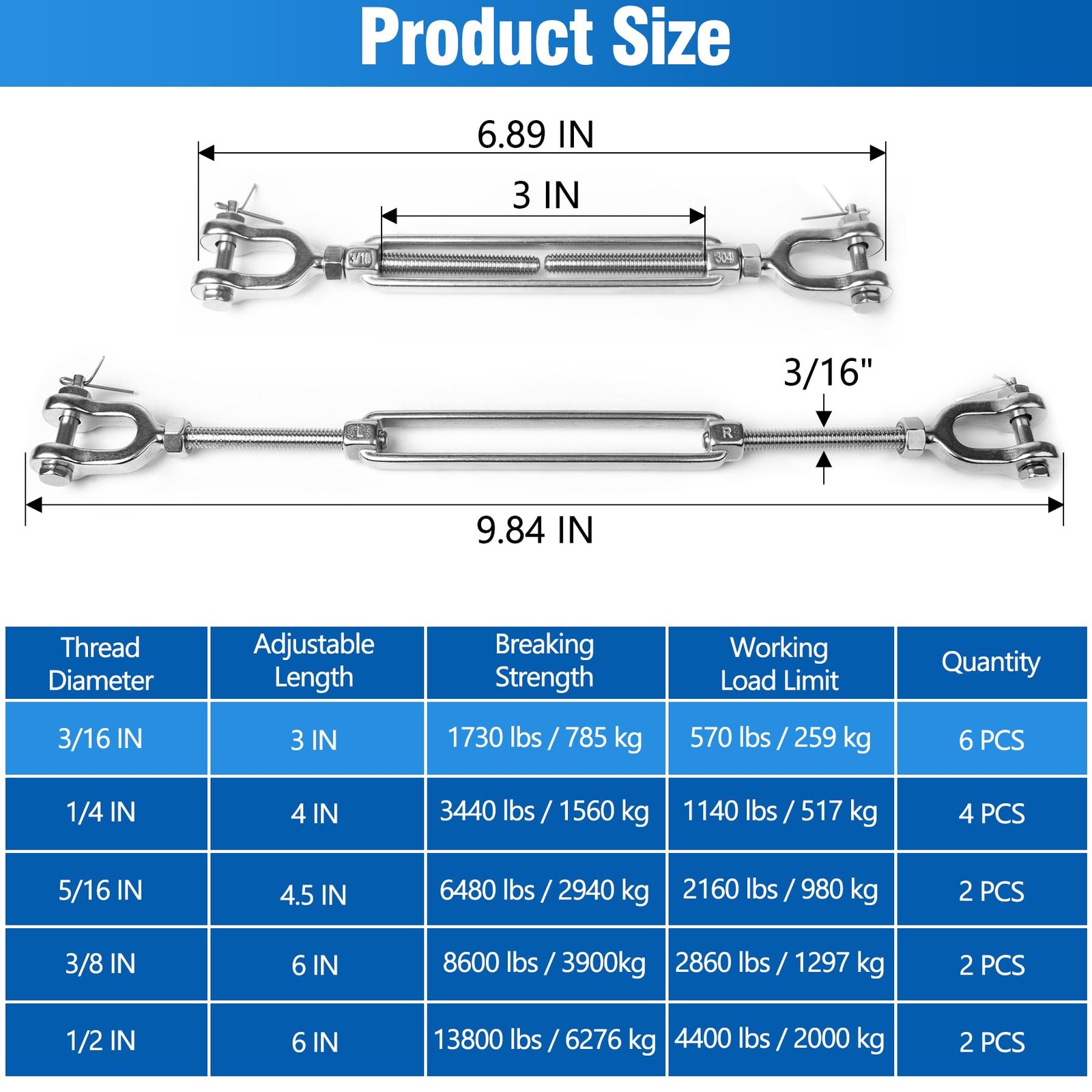 6 PCS M5 Turnbuckle 3/16″ 304 Stainless Steel Jaw and 3/16″-6 Pack, Silver