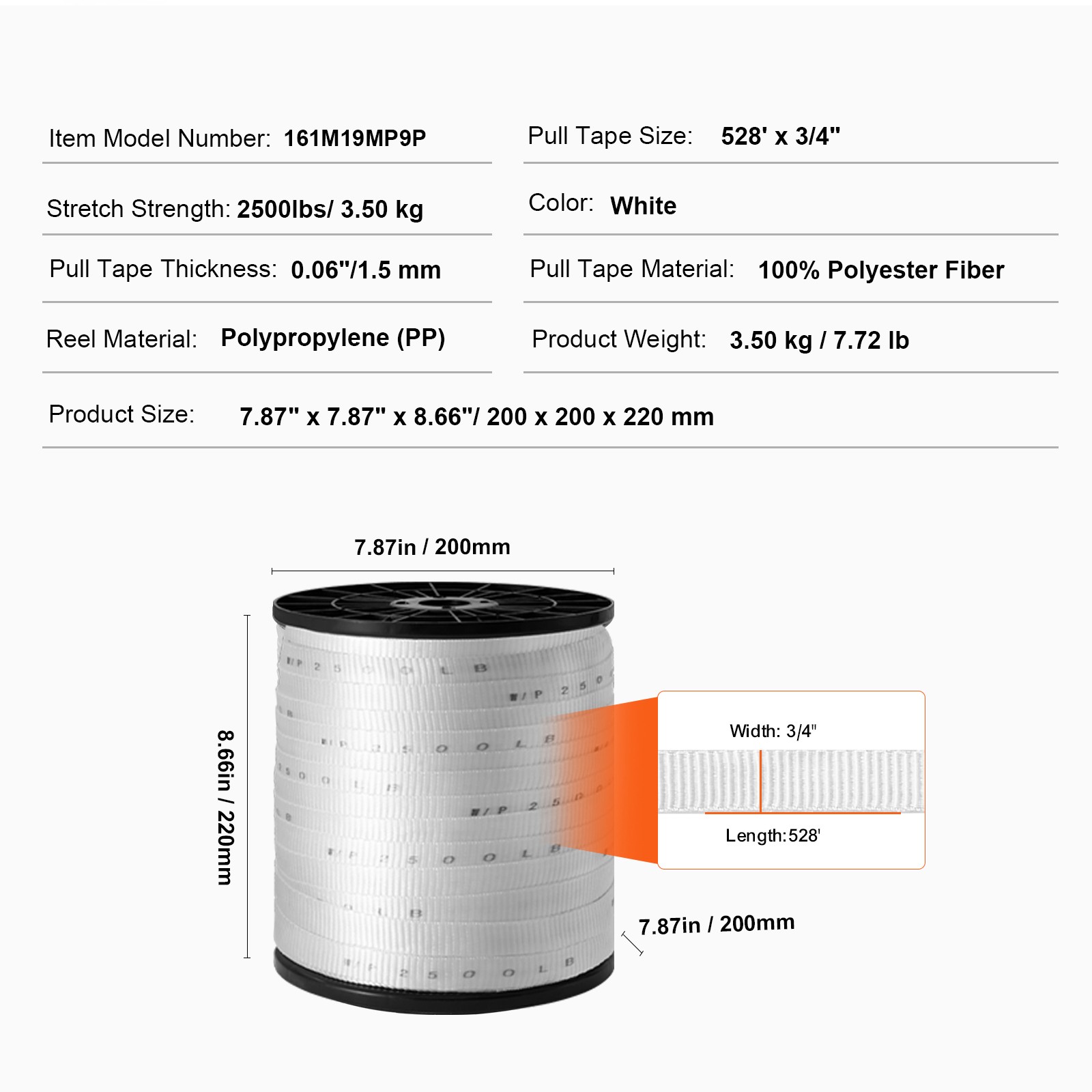 VEVOR Polyester Pulling Tape Mule Tape 3/4″ x 528′ 2500 lbf Tensile Capacity