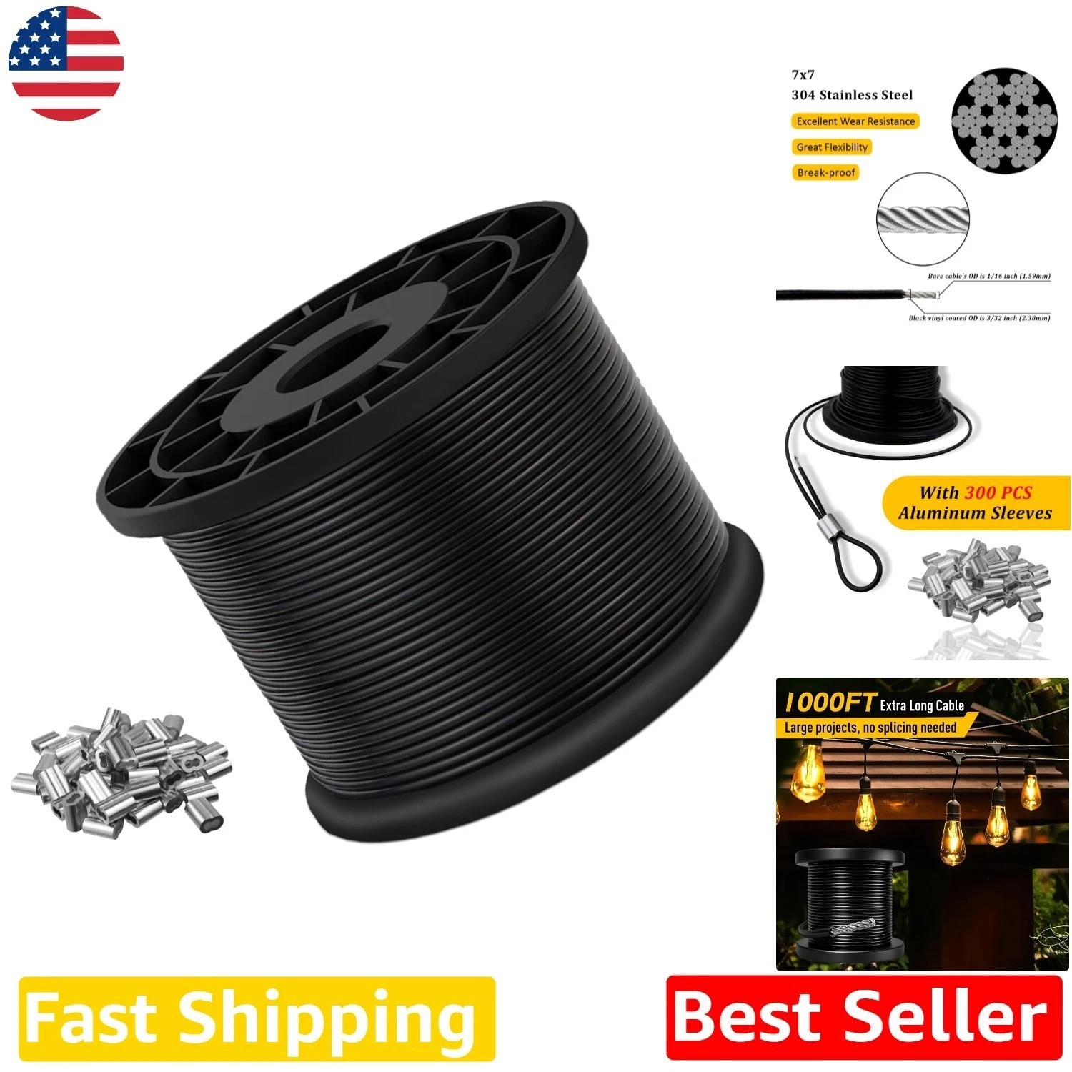 Heavy Duty 1000ft 3/32″ Black Vinyl Coated Steel Wire Rope 480lb Strength