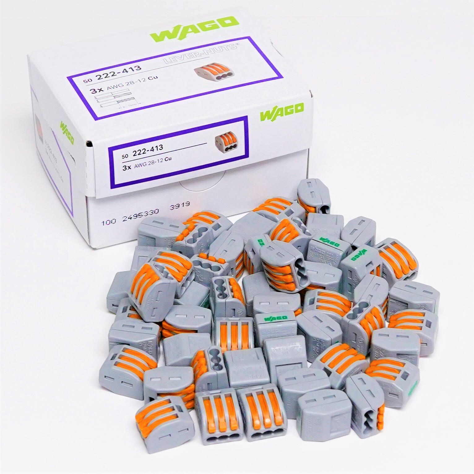 Wago 3-Conductor Lever-Nuts 222-413 Wire Splice Terminal Block Box of 50