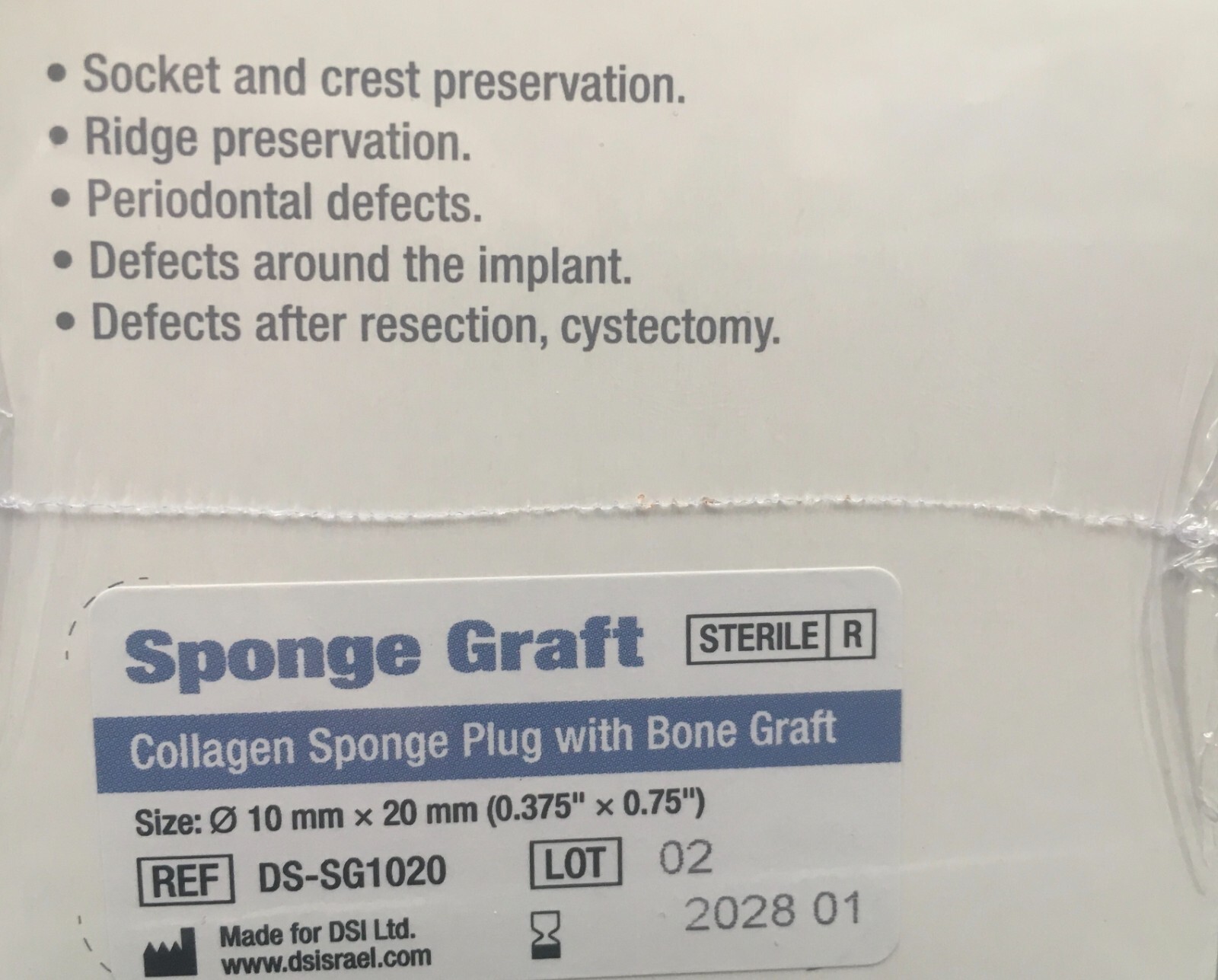 Dental Implant Surgical Sterile Sponge Graft Bone Socket Plug Ø10mm L20mm