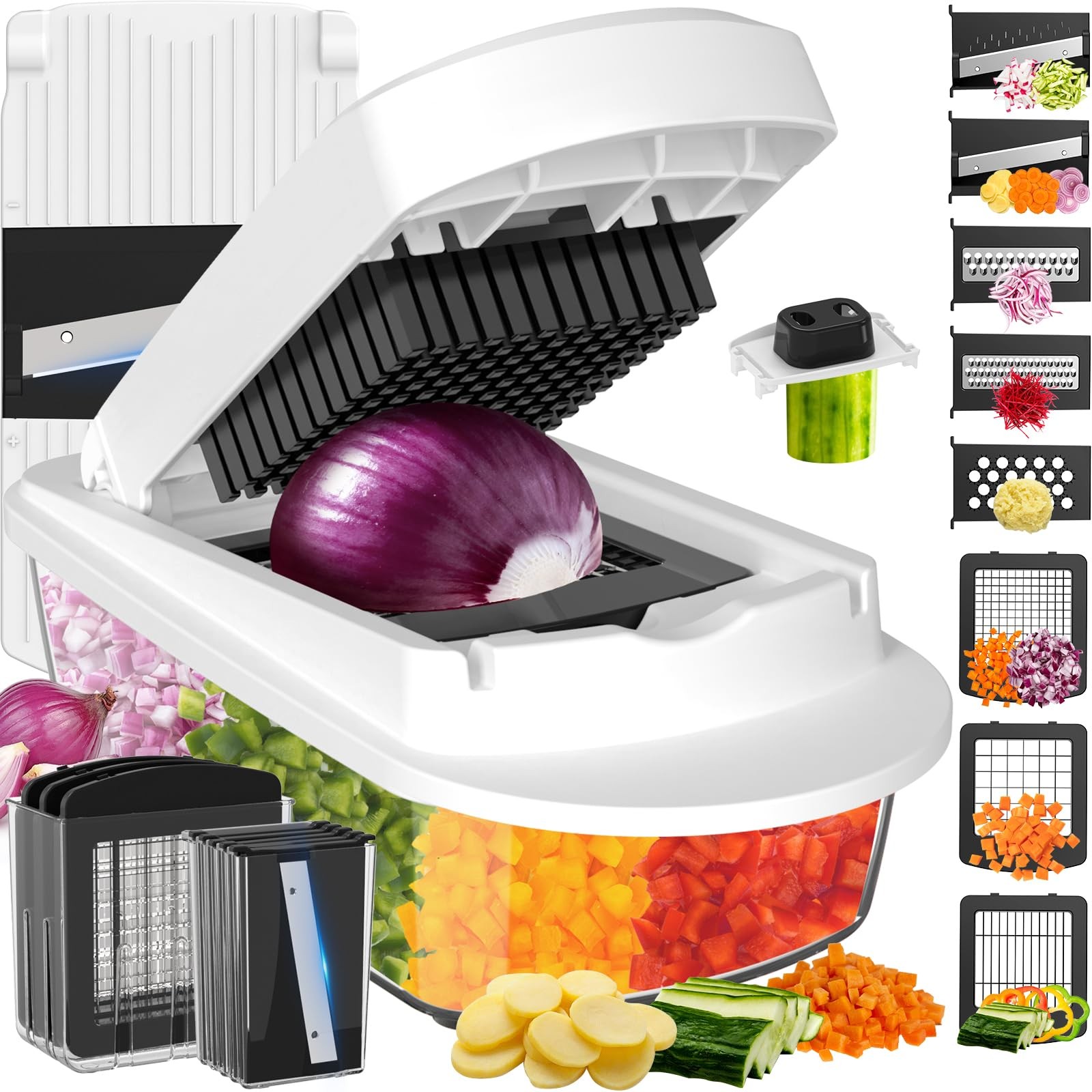 8 Blade All-in-1 Vegetable Chopper Mandoline Slicer with 8-blade, White