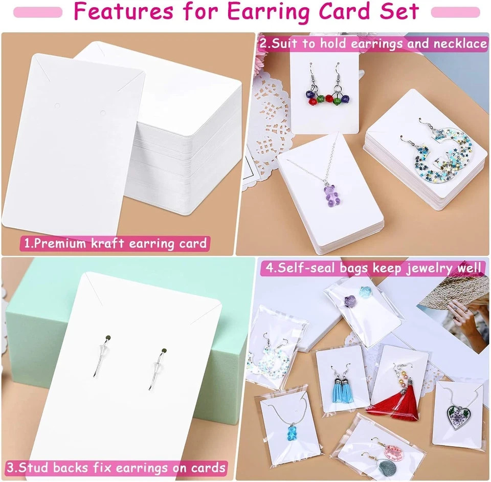White Earring Packaging Kit – 400 Pcs with Display Cards, Self-Sealing Bags, Ear