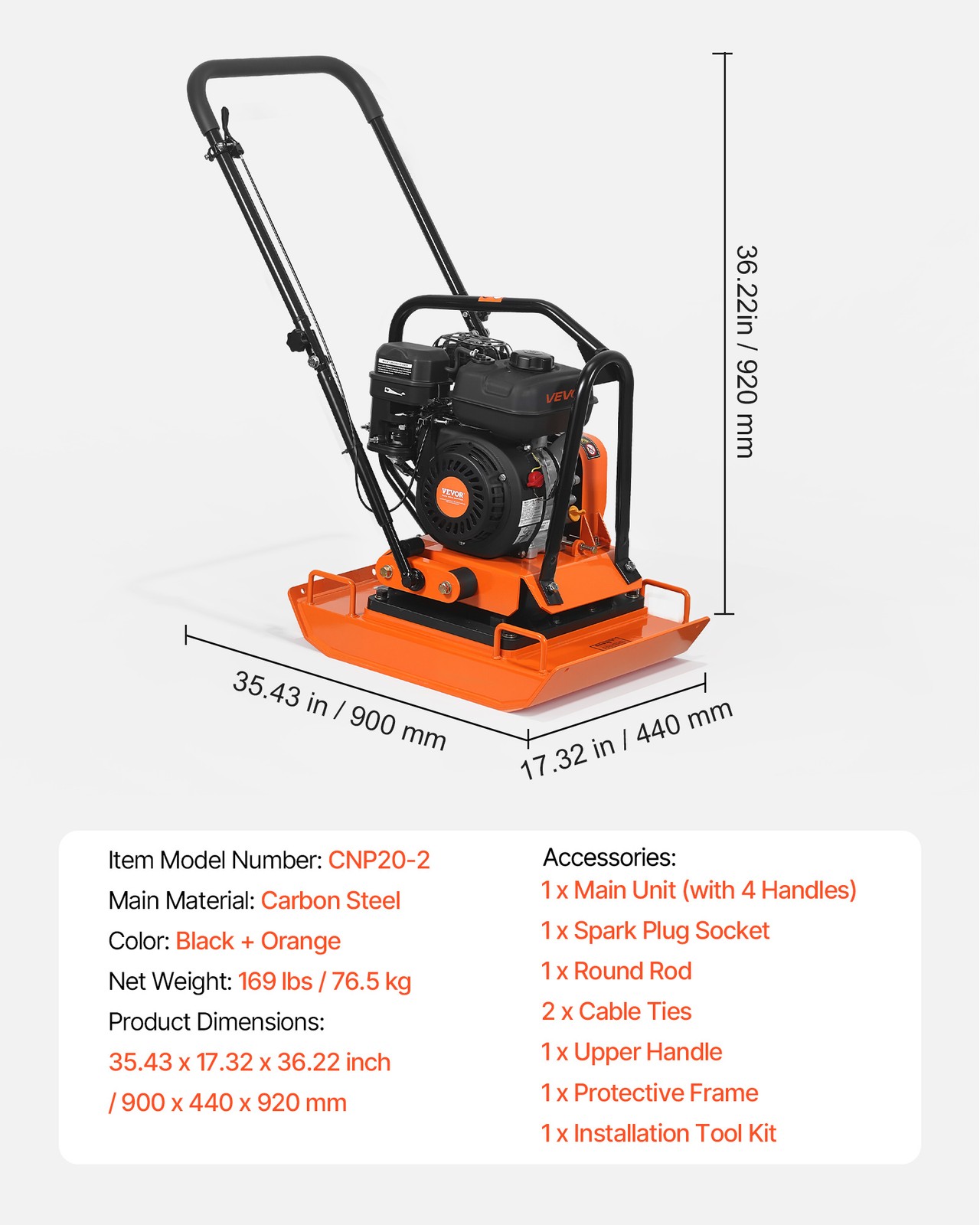 VEVOR 7HP Plate Compactor 5400VPM 4440lbs Vibrating Ground Rammer for Asphalt