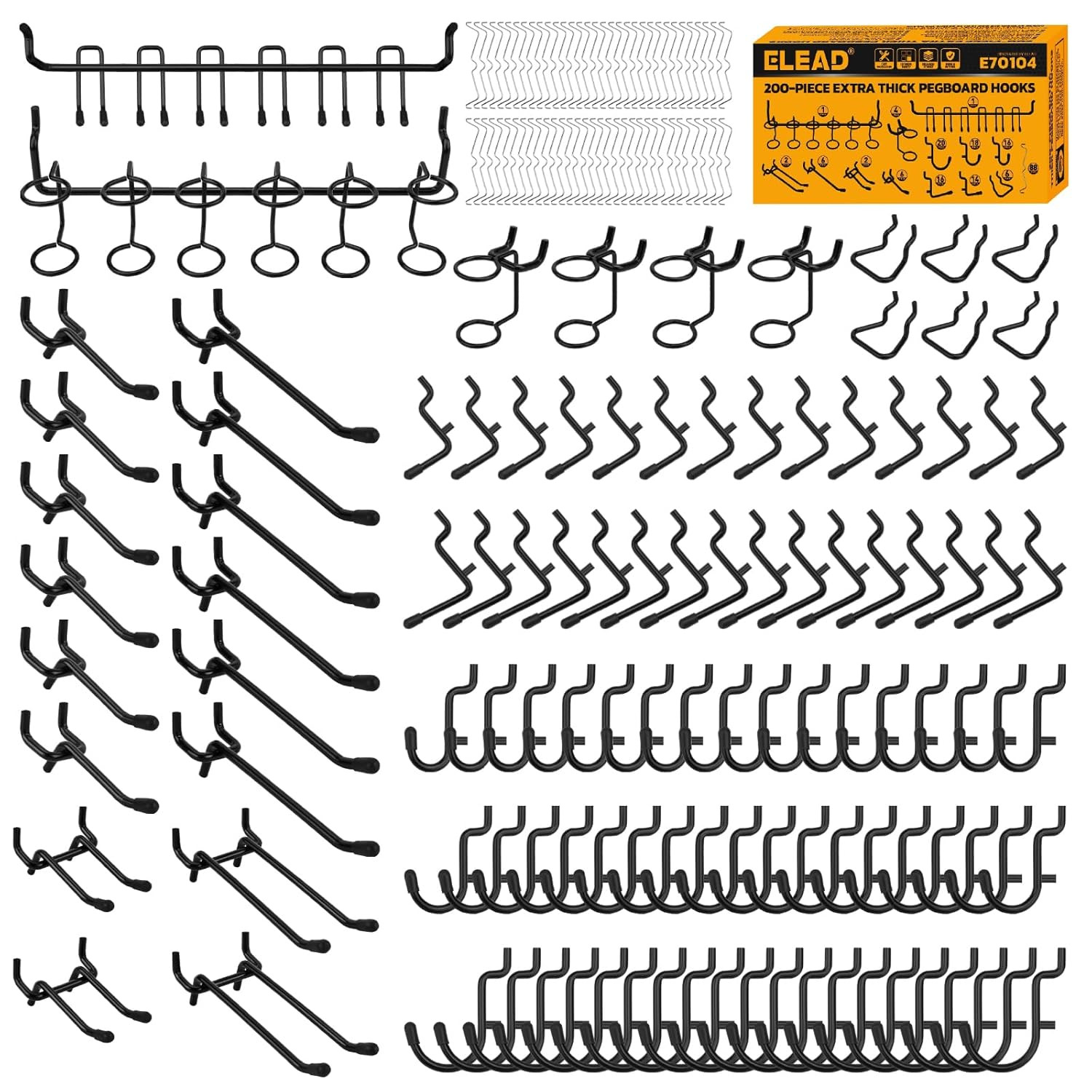 200-Piece Extra Thick Pegboard Hooks Set, 1/4″ Heavy Duty Black Peg Board