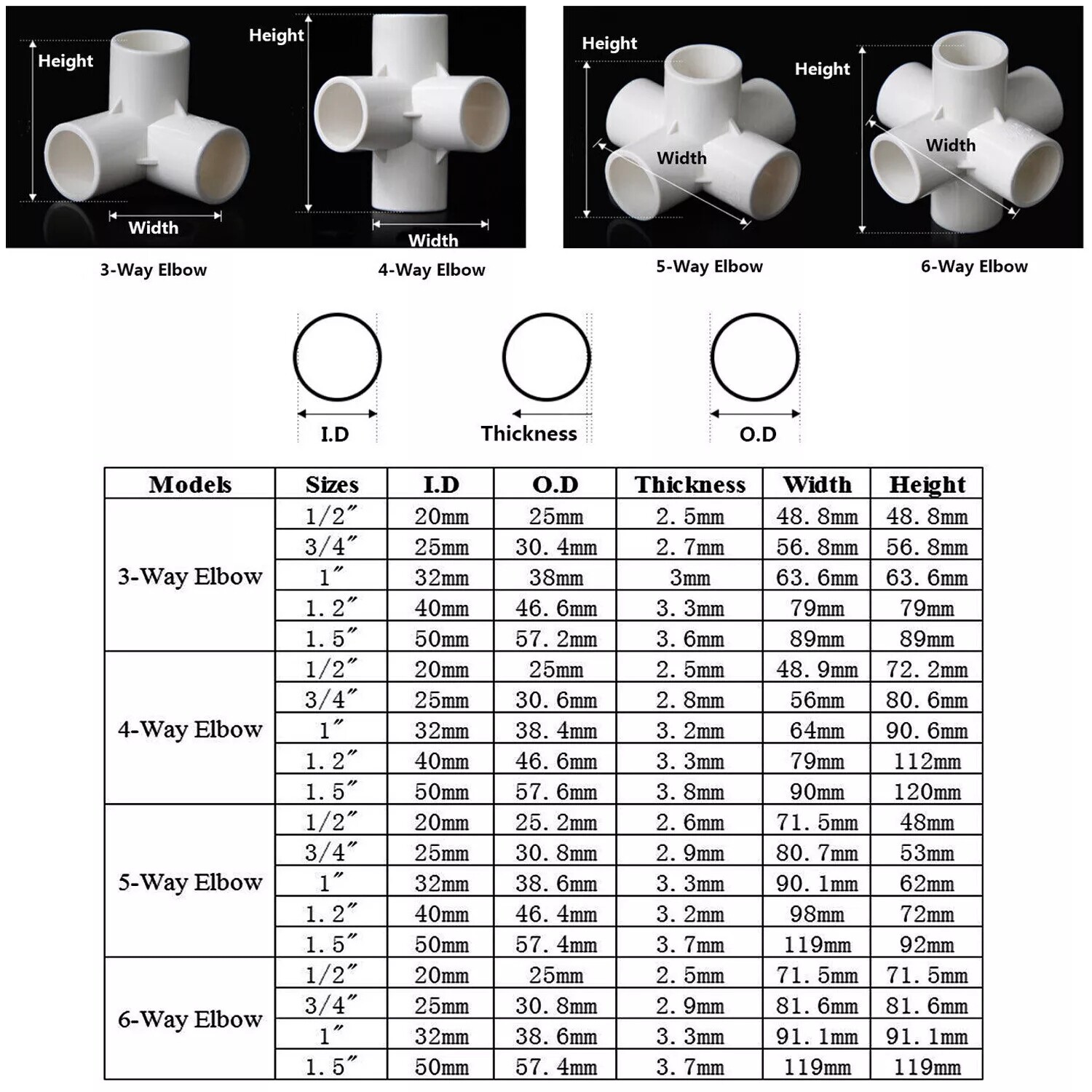 4PCS 1/2″ 3/4″ 1″ 1.2″ 1.5″ PVC 3/4/5/6-Way Elbow Connector Pipe Fittings White