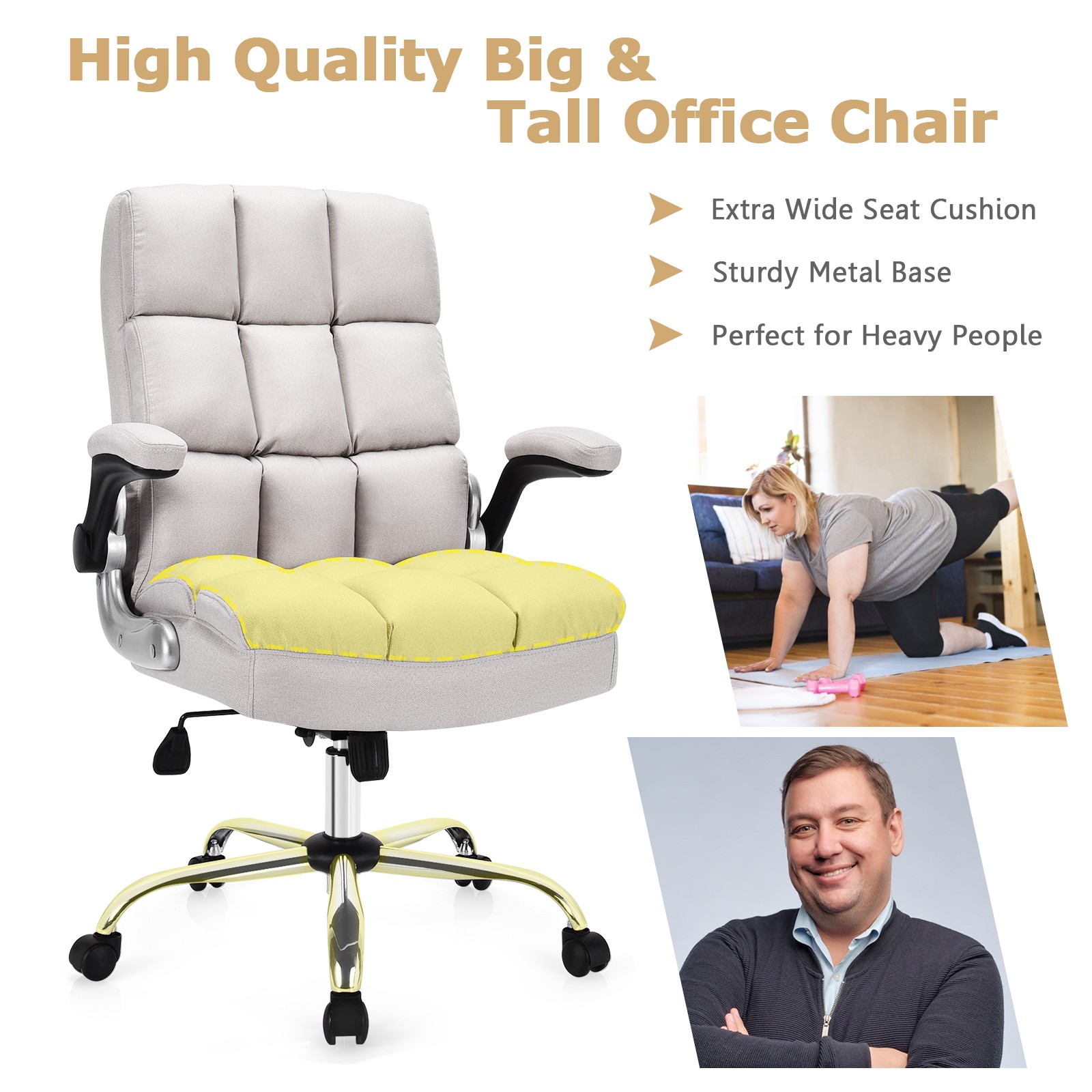 Costway High Back Big & Tall Office Chair Adjustable Swivel w/Flip-up Arm Beige