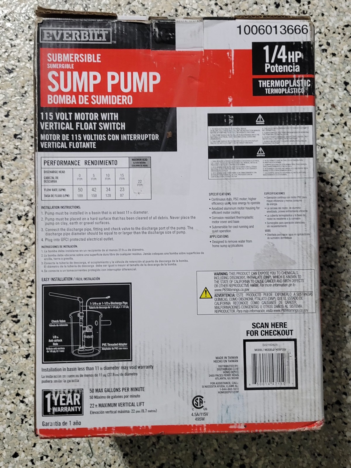 Everbilt 1/4 HP Thermoplastic Submersible Sump Pump Vertical Switch HDSP25V. NEW