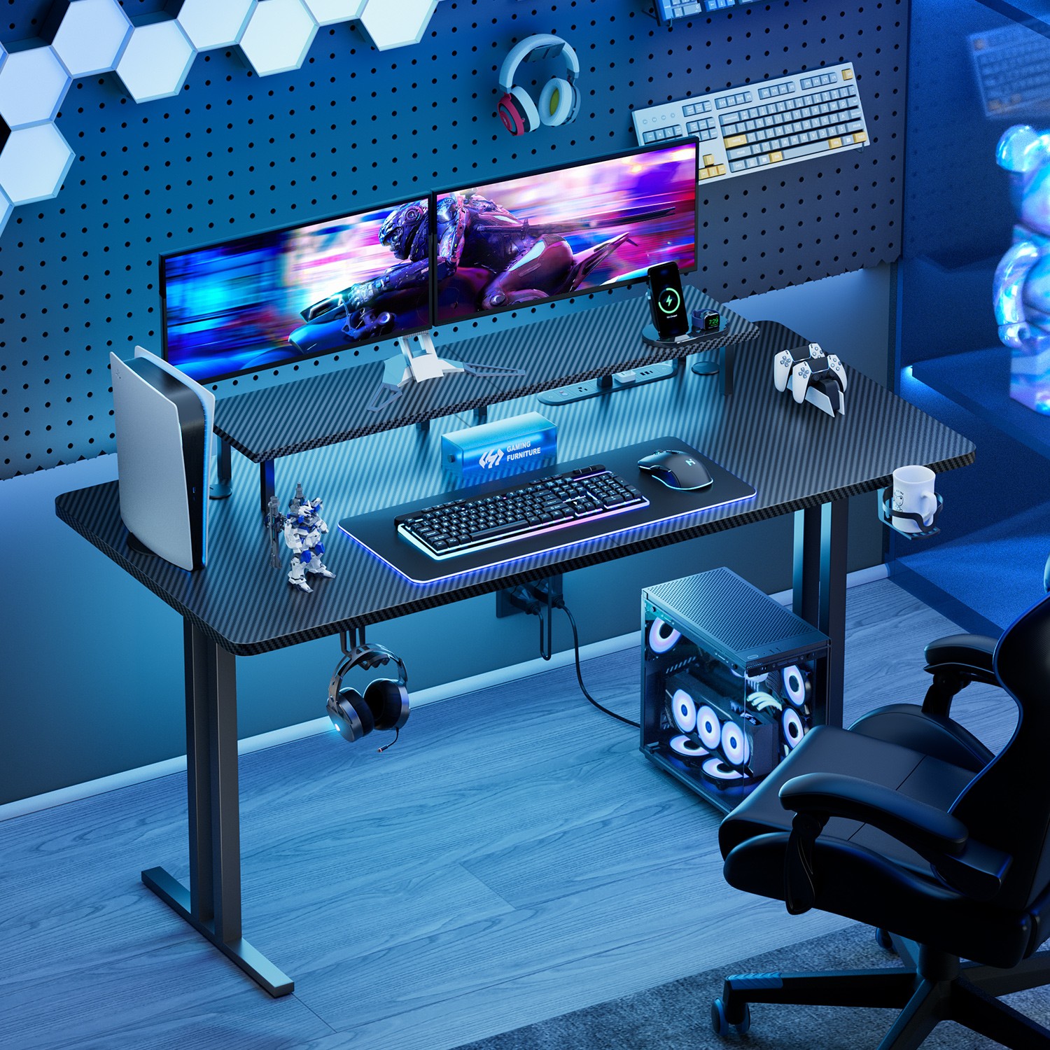 47» Gaming Desk with LED Light & Power Outlets, Gamer Table with Monitor Stand