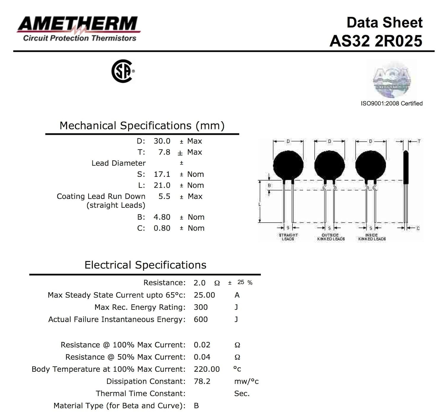 Aqua-Rite Thermistor AS32 2R025. Pack of 2 Inrush Current Limiter 2 Ohm Ohm ±…