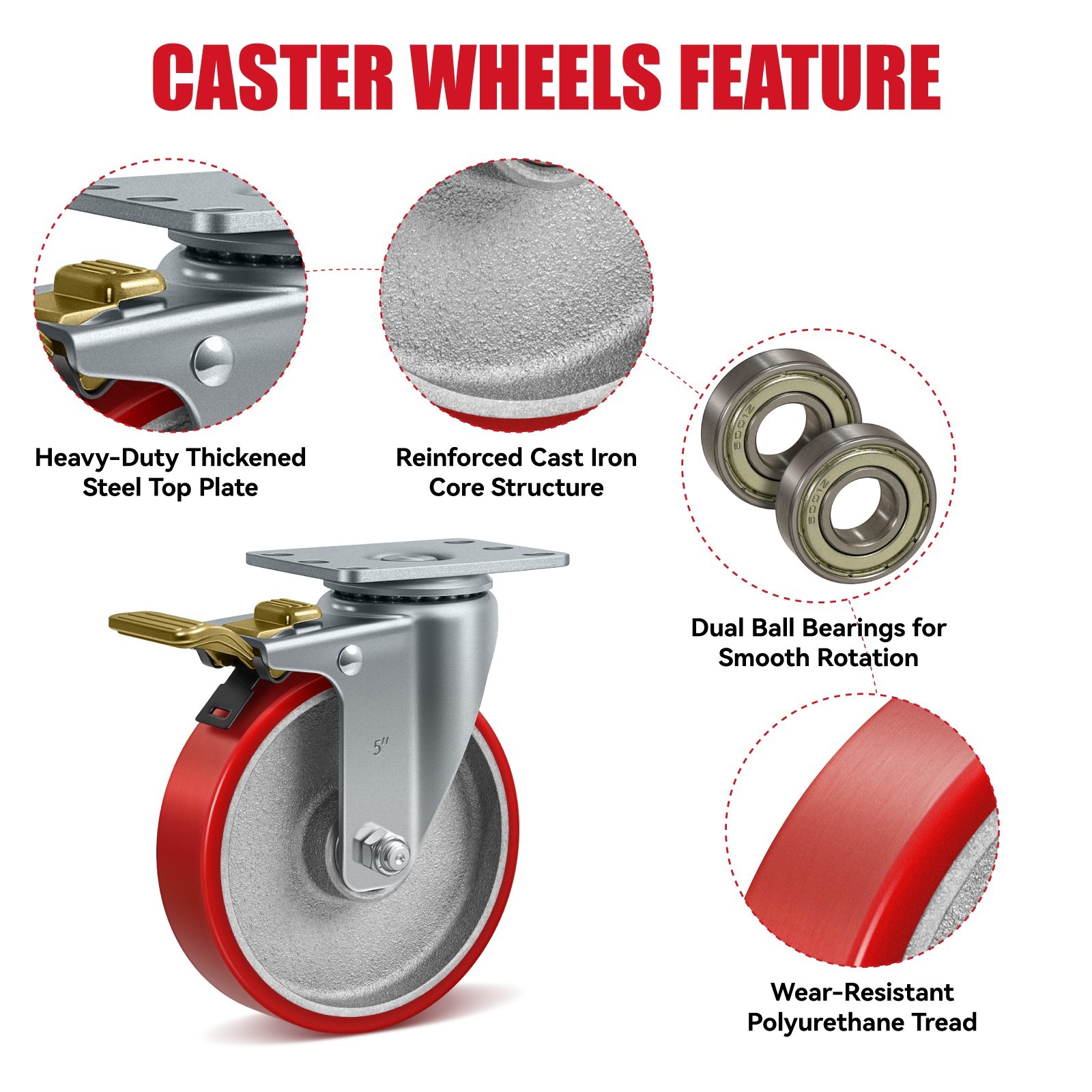 5″ Heavy Duty Casters , Polyurethane on Cast Iron Casters ,2200 lbs Capacity