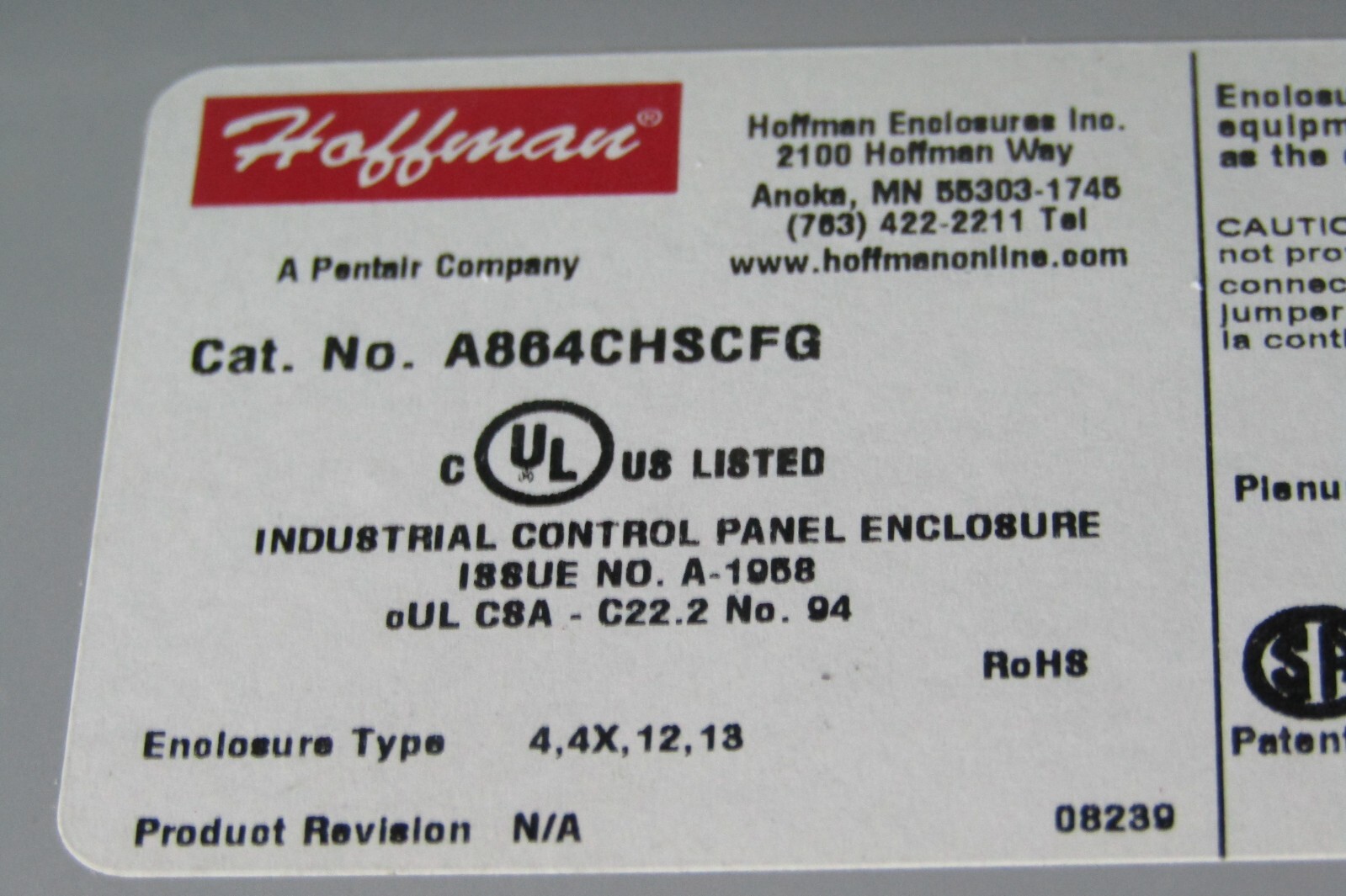 😏HOFFMAN INDUSTRIAL CONTROL PANEL ENCLOSURE NEMA TYPE 4/4X/2/13 A864CHSCFG