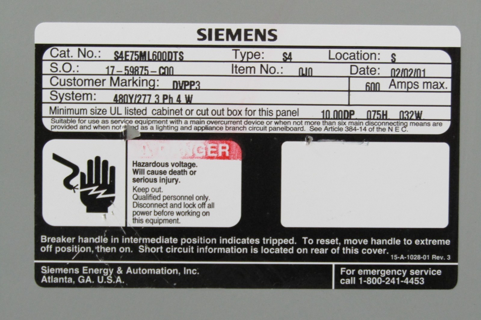 😏SIEMENS 600 AMP MAIN LUG PANELBOARD 480Y/277 VAC 3∅ 4W 6 CIRCUIT S4E75ML600DTS