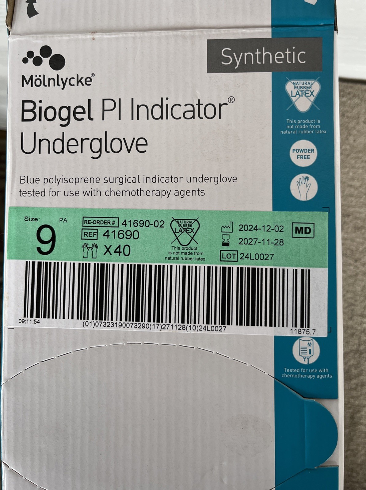 Molnlycke Biogel PI Indicator Underglove Synthetic 40 Ct. 41690 Sz 9 Exp11/28/27