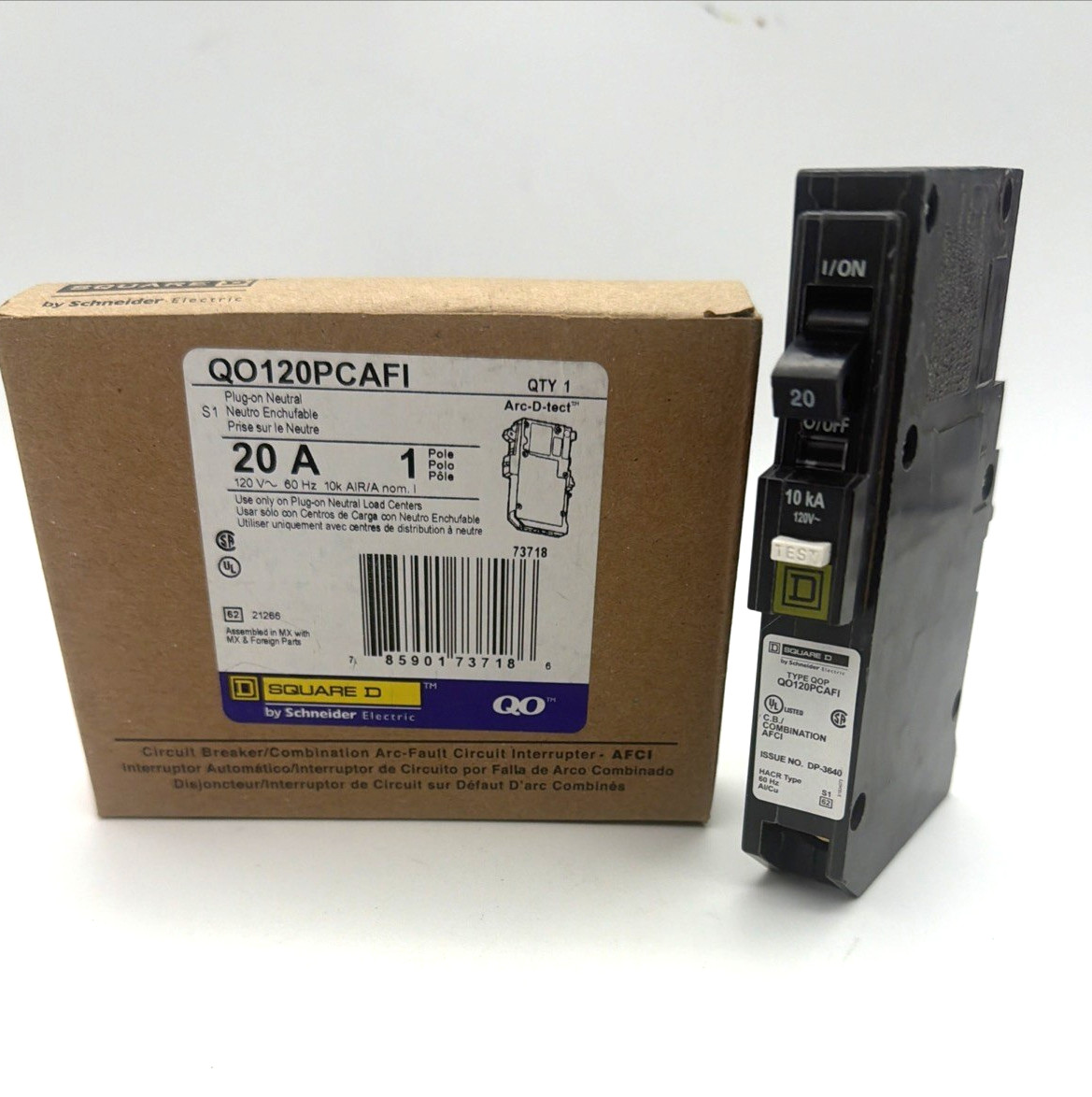 Square D -QO120PCAFI -20A 1-Pole -AFCI -Plug-On Neutral -Circuit Breaker -NEW