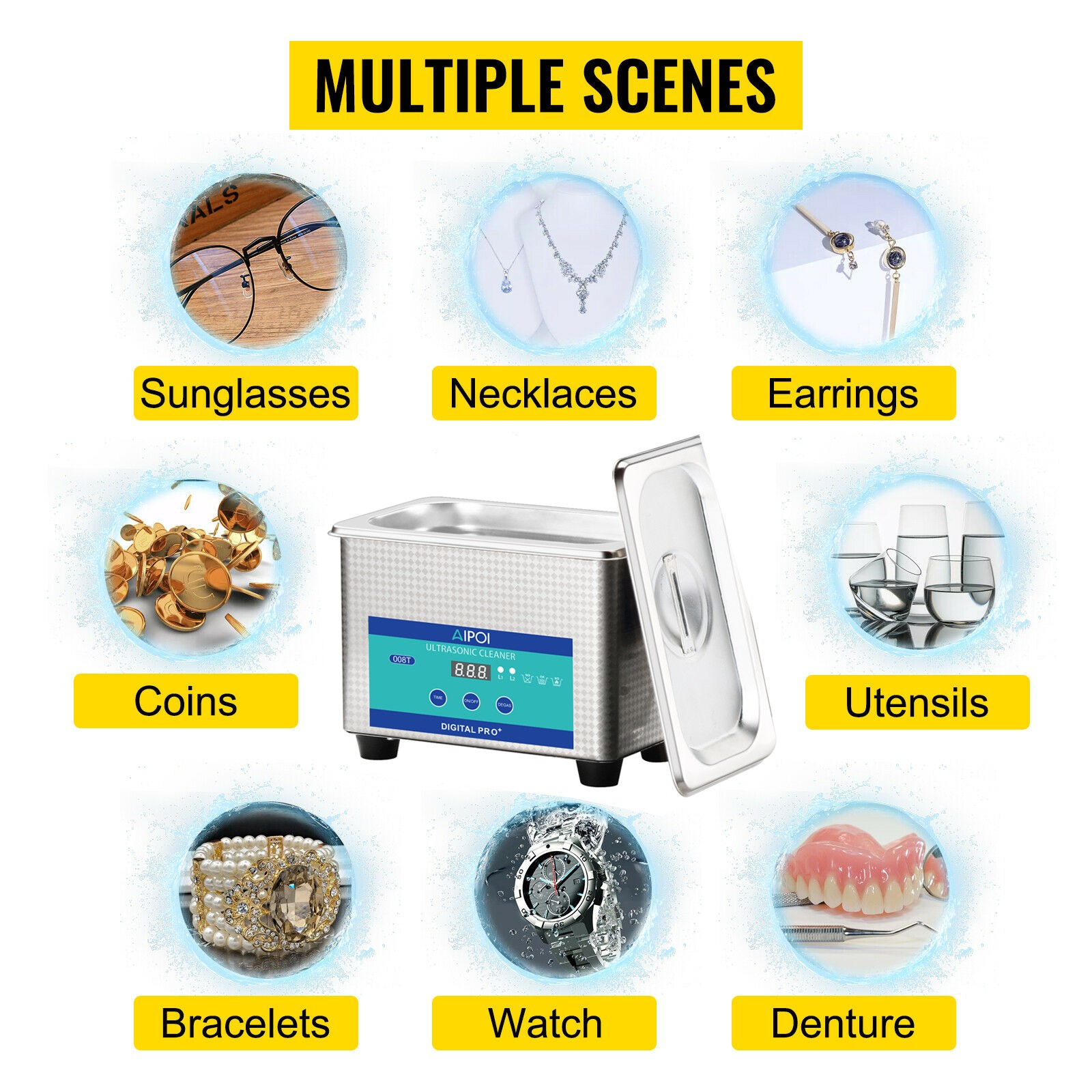 0.8L Ultrasonic Cleaner Stainless Steel Tank & Digital Timer for Jewelry Glasses