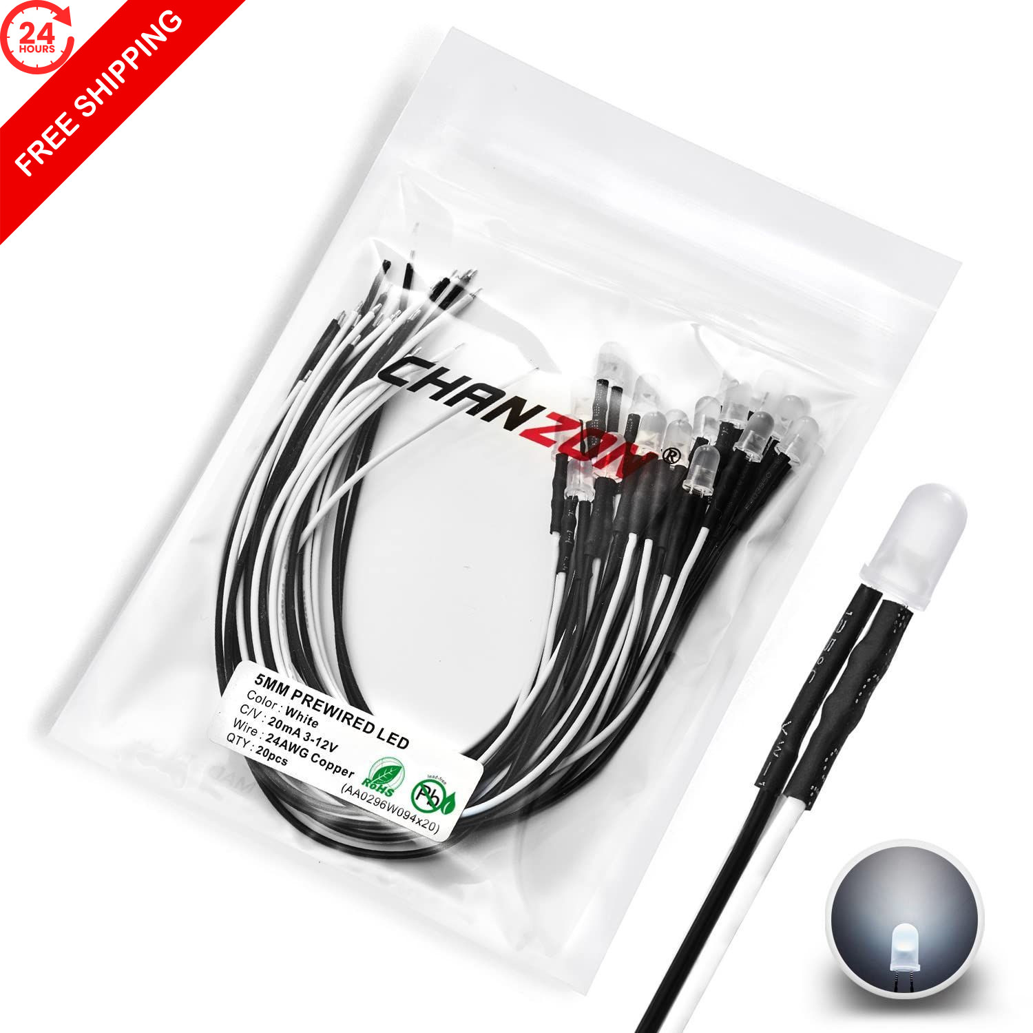CHANZON 20 pcs Pre-Wired 5mm 20 Count (Pack of 1), [A] White-white (20pcs)