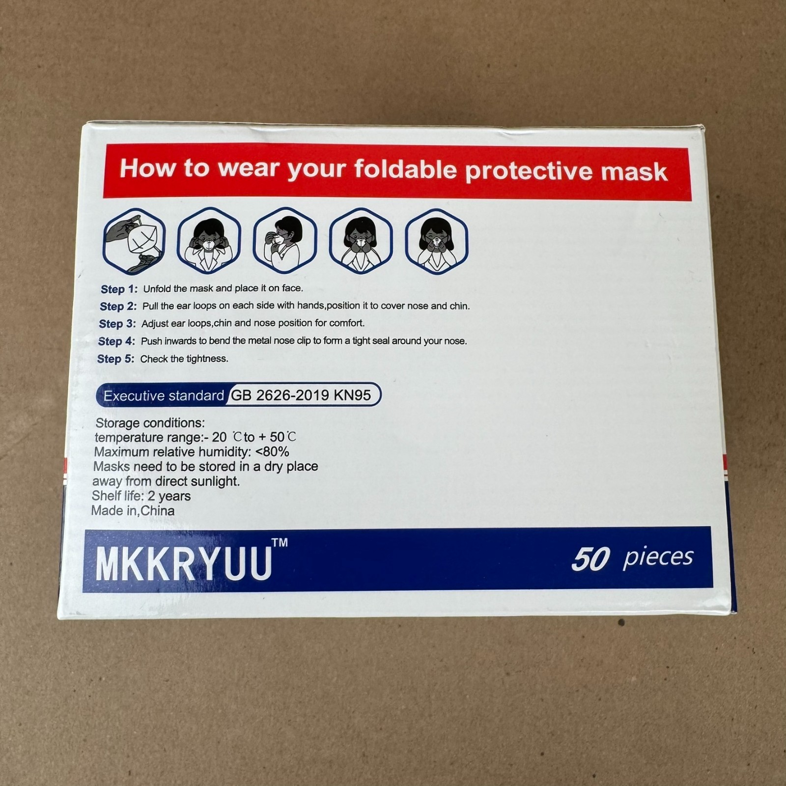 MKKRYUU KN95 Foldable Protective Face Mask 50 Pack GB2626-2019 Sealed Box