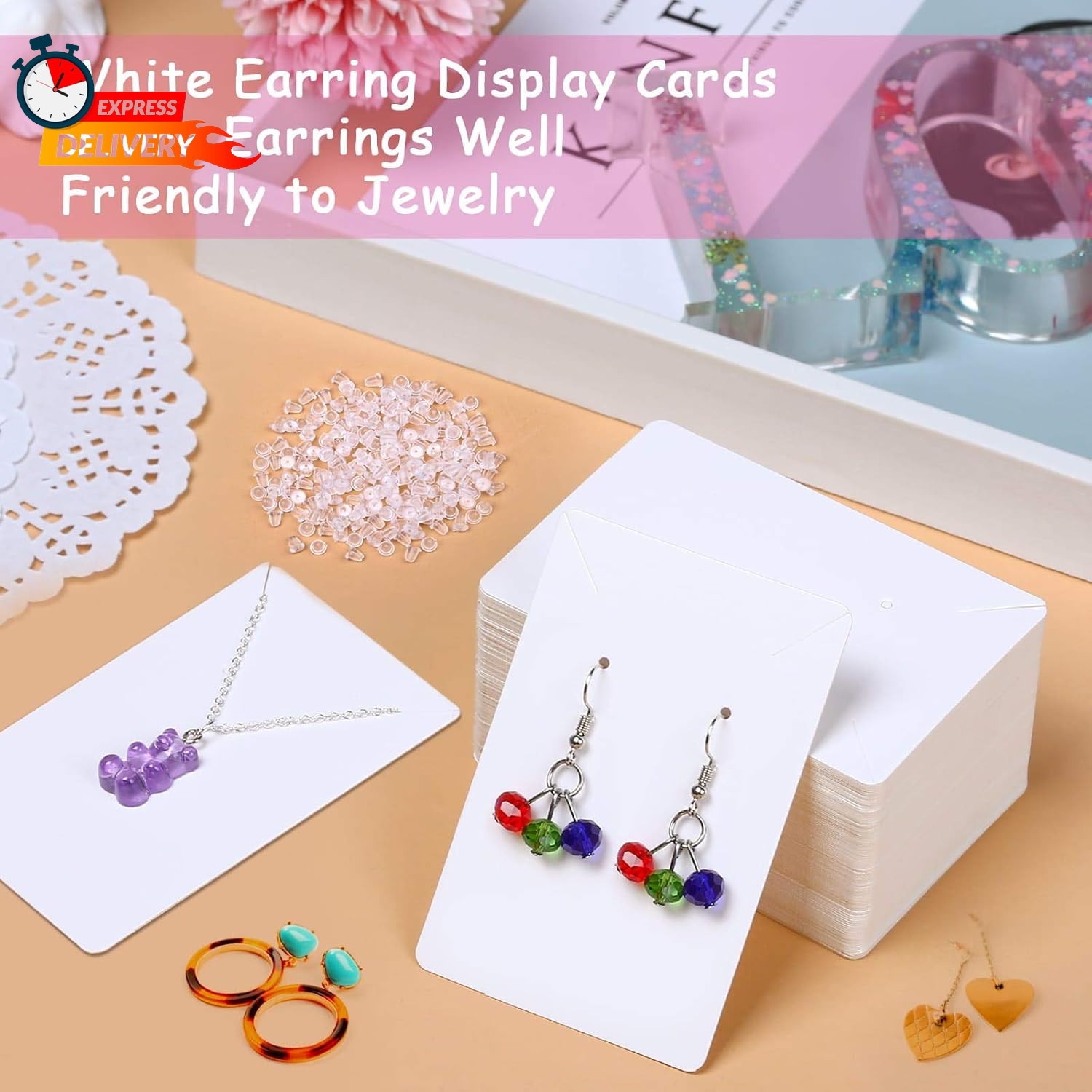 Anezus White Earring Packaging Kit – 400 Pcs with Display Cards, Self-Sealing Ba