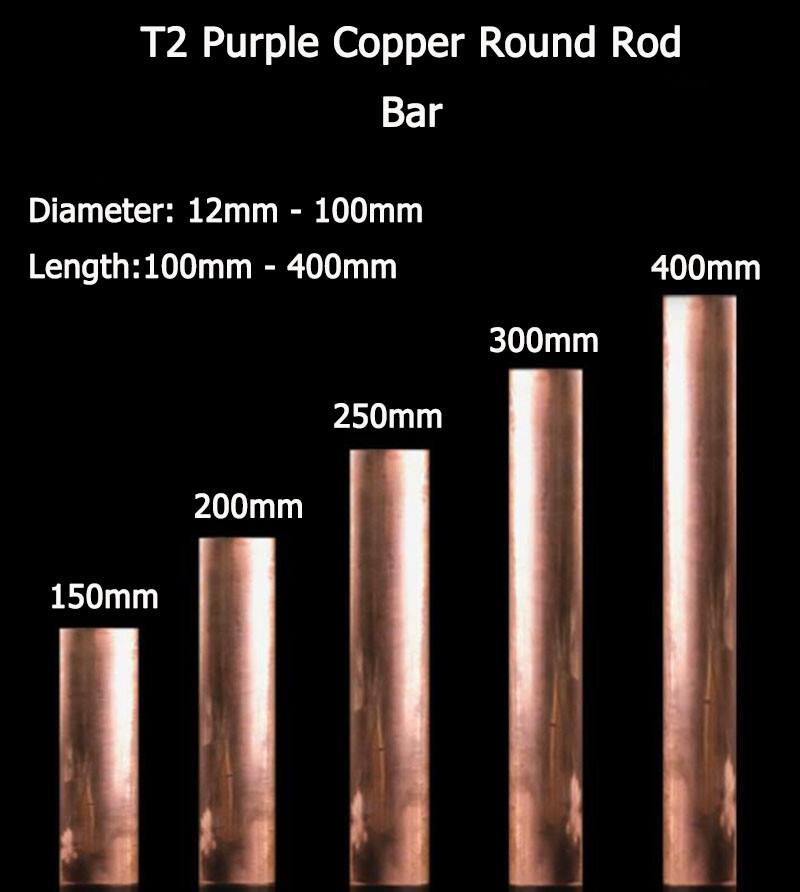 12mm – 100mm Dia T2 Purple Copper Round Rod Bar Electrode Rod Length 100-400mm