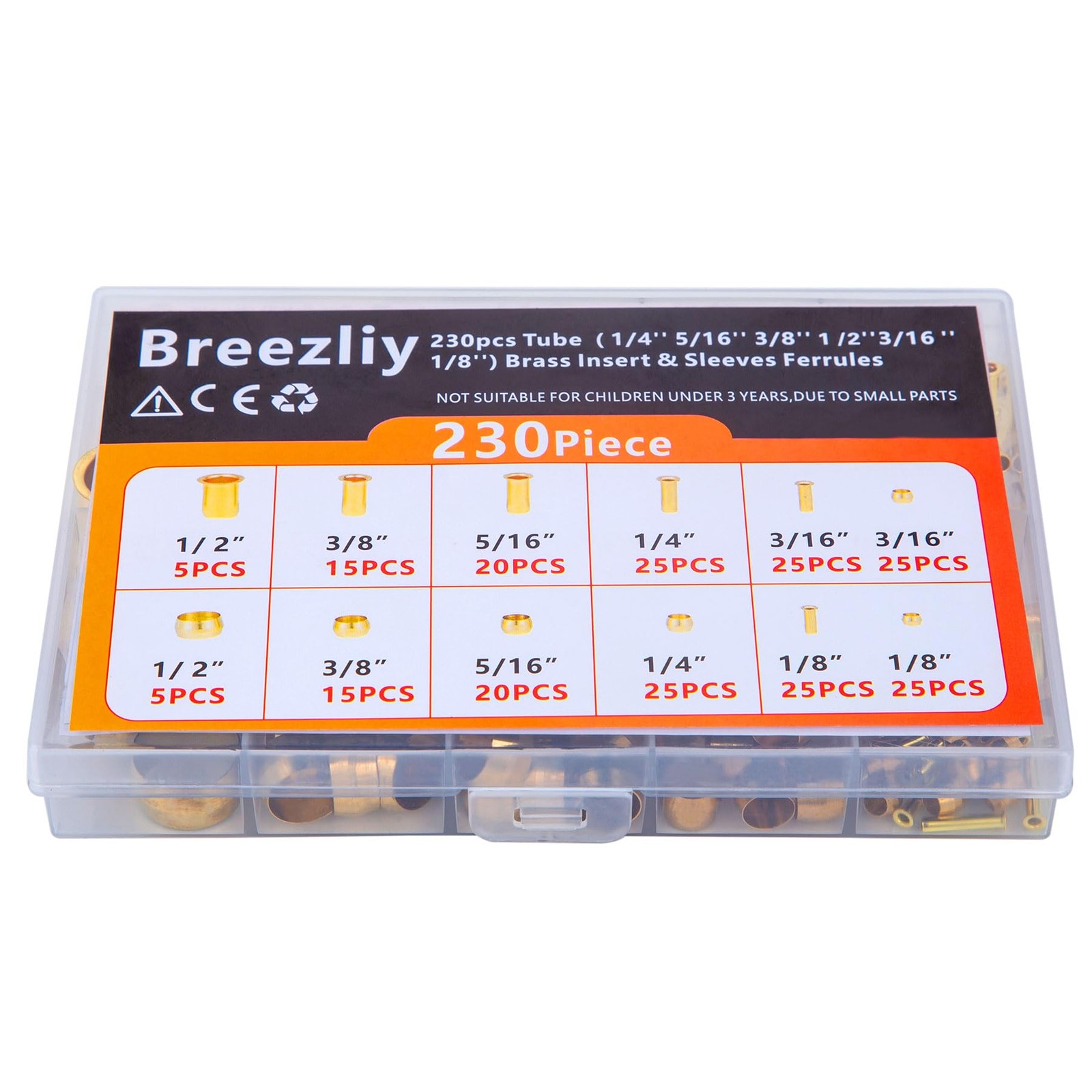Breezliy Compression Fittings 230pcs 6 Sizes Sleeves Ferrules, Insert, Brass