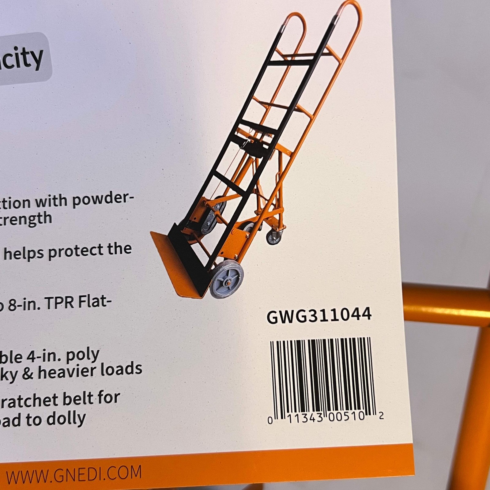 BRAVE Hand Truck 1200 Lb. Sz 17.5″W x 8″L x 65″H Orange GWG311044