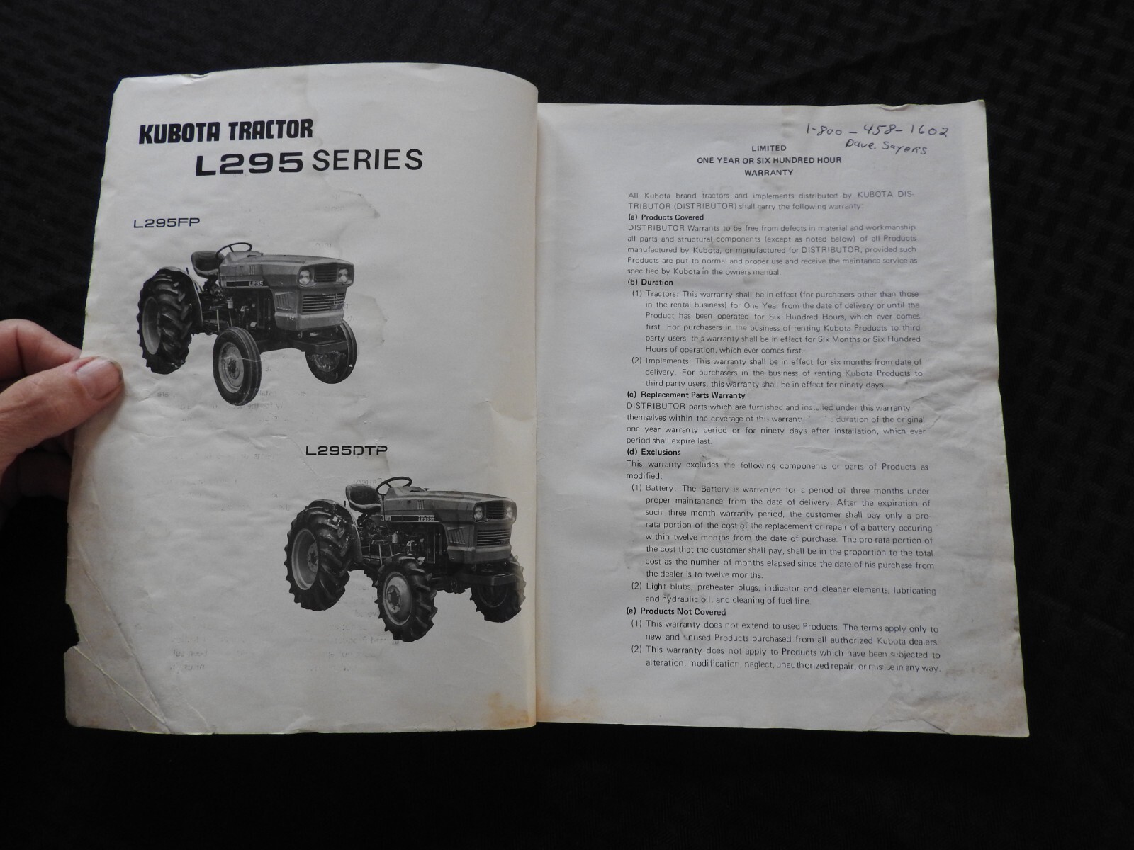 1976-1985 GENUINE KUBOTA L295 L295DT TRACTOR OPERATORS MANUAL + PARTS CATALOG