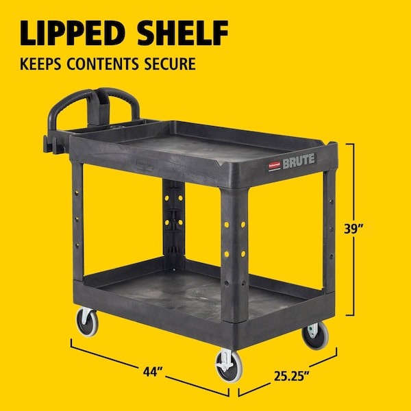 Rubbermaid Fg452088bla Plastic Utility Cart With Deep Lipped Plastic Shelves,