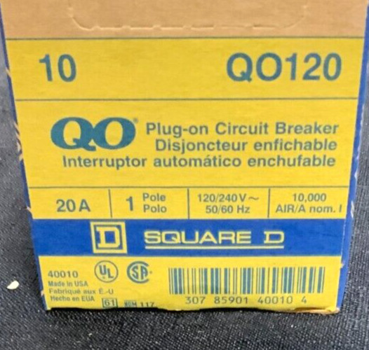NEW Lot of 10 Square D QO120 Plug-In Circuit Breaker 20A 1 Pole 120/240V 25D