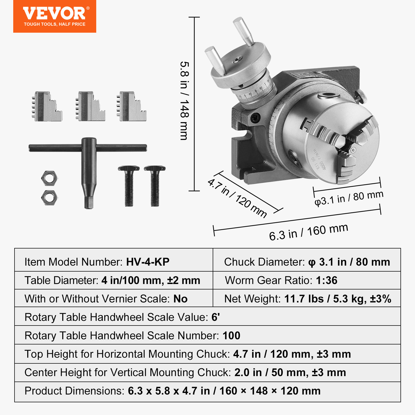 VEVOR Rotary Table for Milling Machines 4» Horizontal Vertical with 3-Jaw Chuck