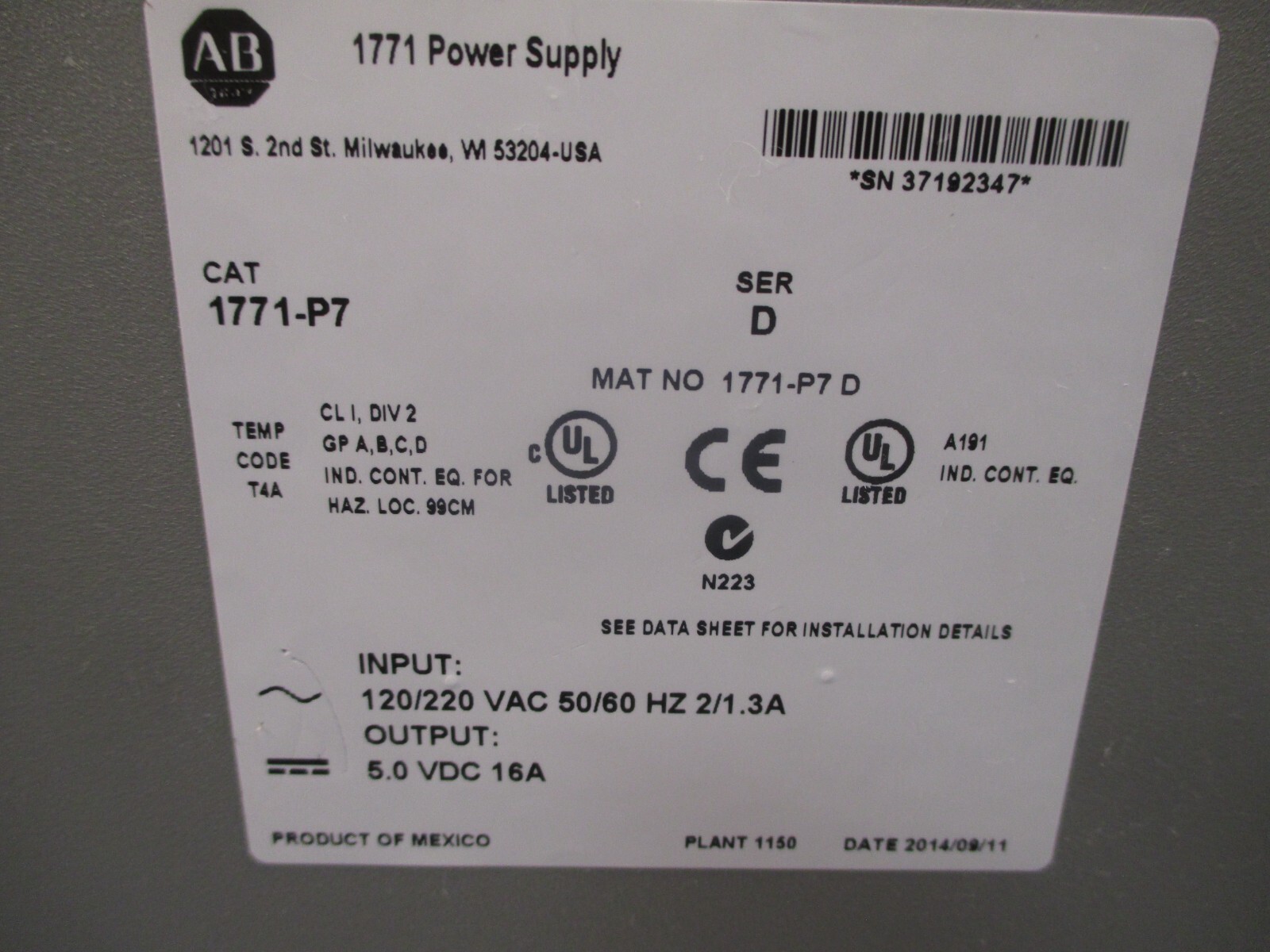 Allen-Bradley Power Supply Module Series D 1771-P7