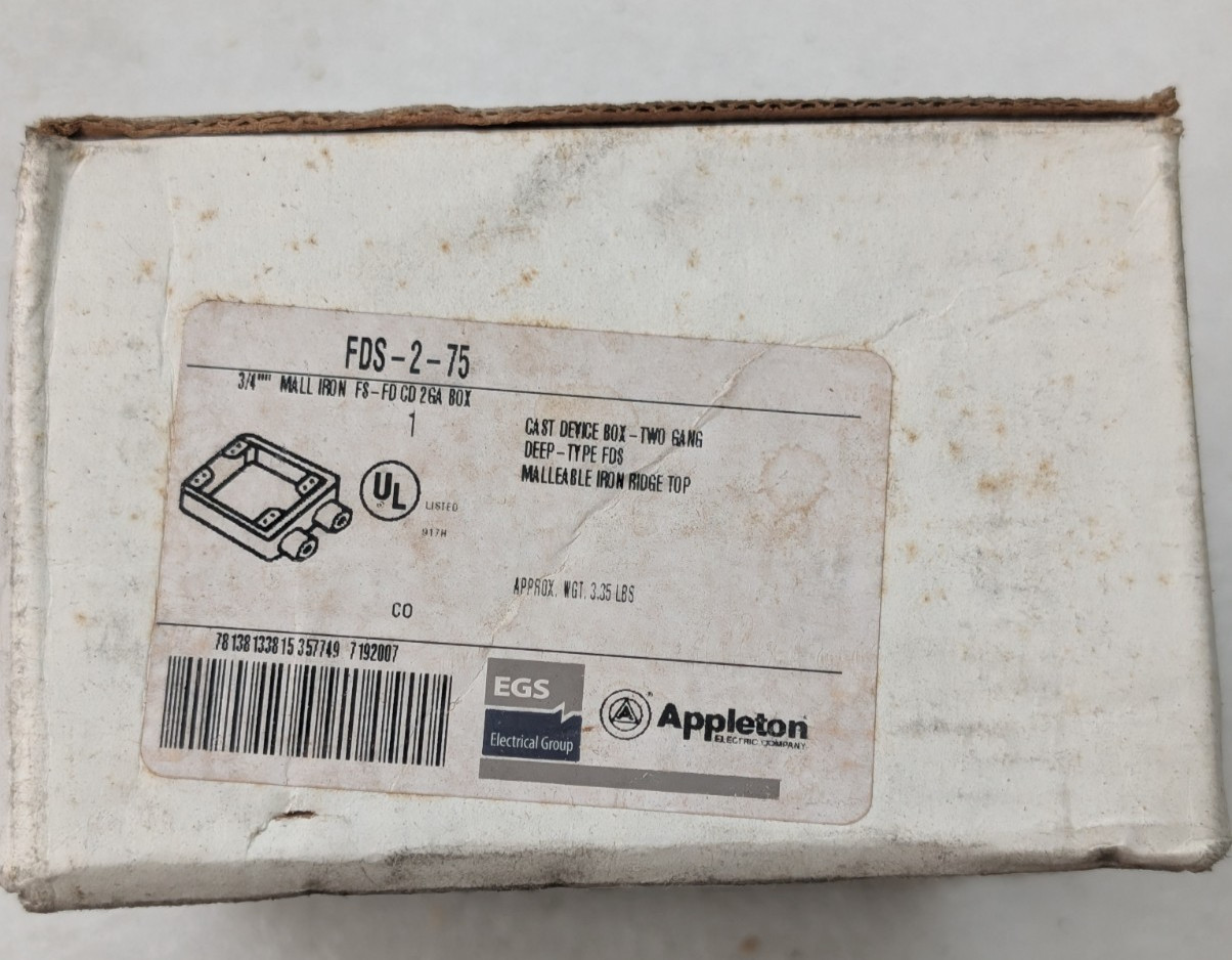 Appleton FDS-2-75 Cast Device Box 2-Gang Deep 3/4″ Malleable Iron Unilet – NOS
