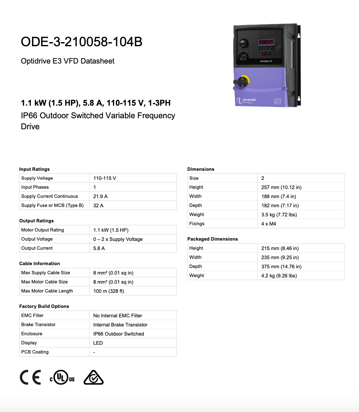 ODE-3-210058-104B – Invertek VFD – 1.5HP 5.8A 110V-115V 1Ph/3Ph – VFDexchange
