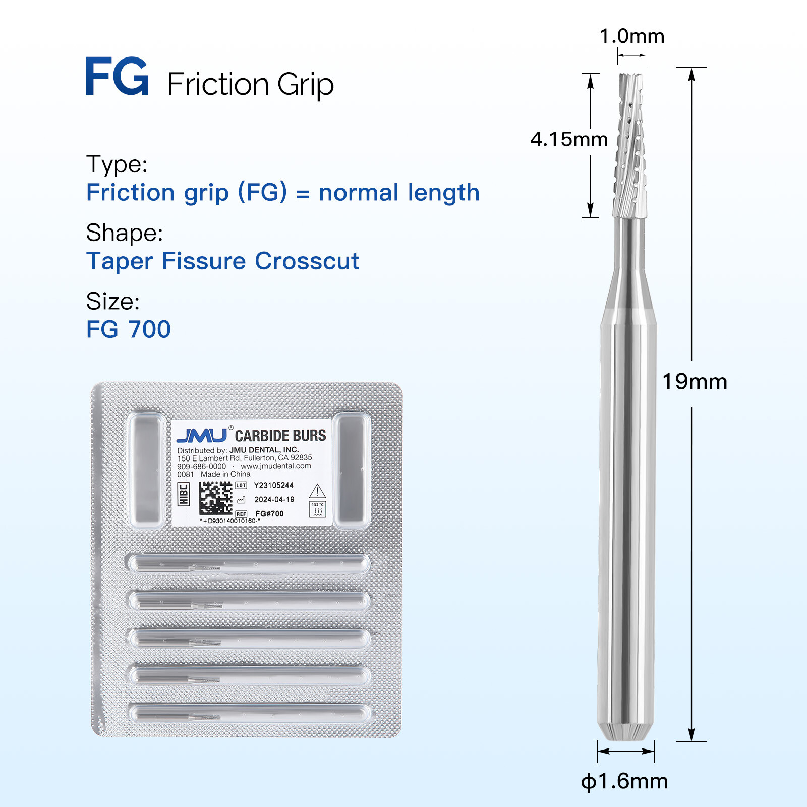 JMU Dental Surgical Bur Long FG #700 701 702 Carbide Burr 19mm High Speed