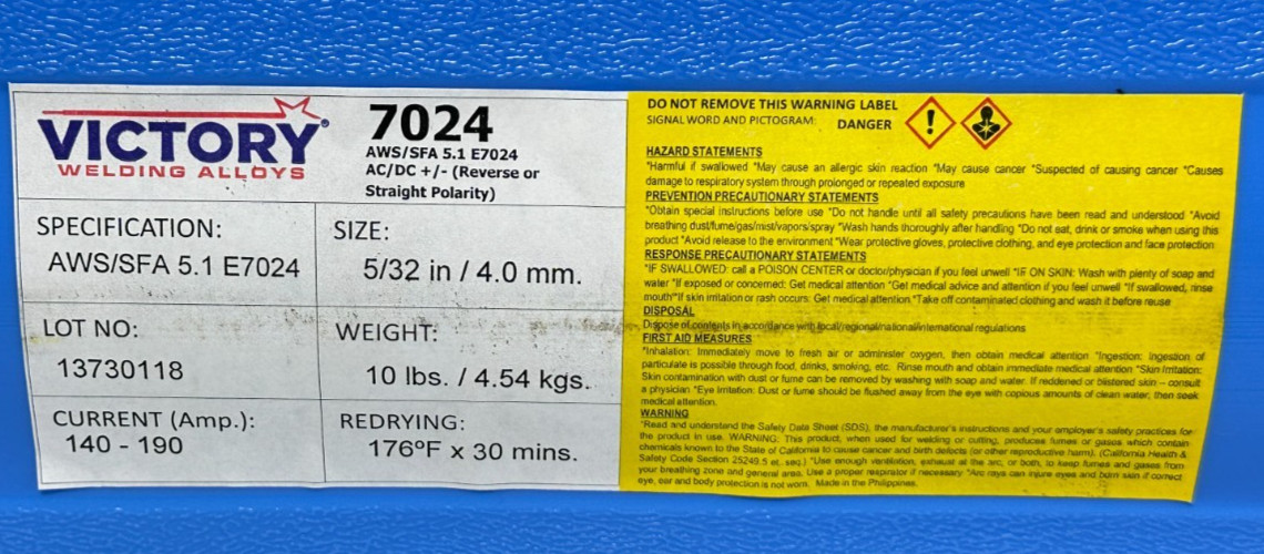 Victory Iron Powder Coated Electrodes 7024 5/32″ – 10Ibs Welding Alloys Rods