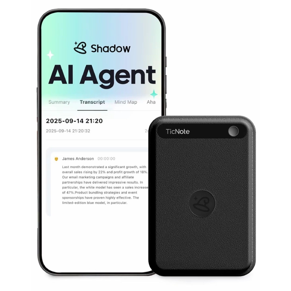 TicNote AI Voice Recorder Shadow AI Agent Transcription Summarizer Black New