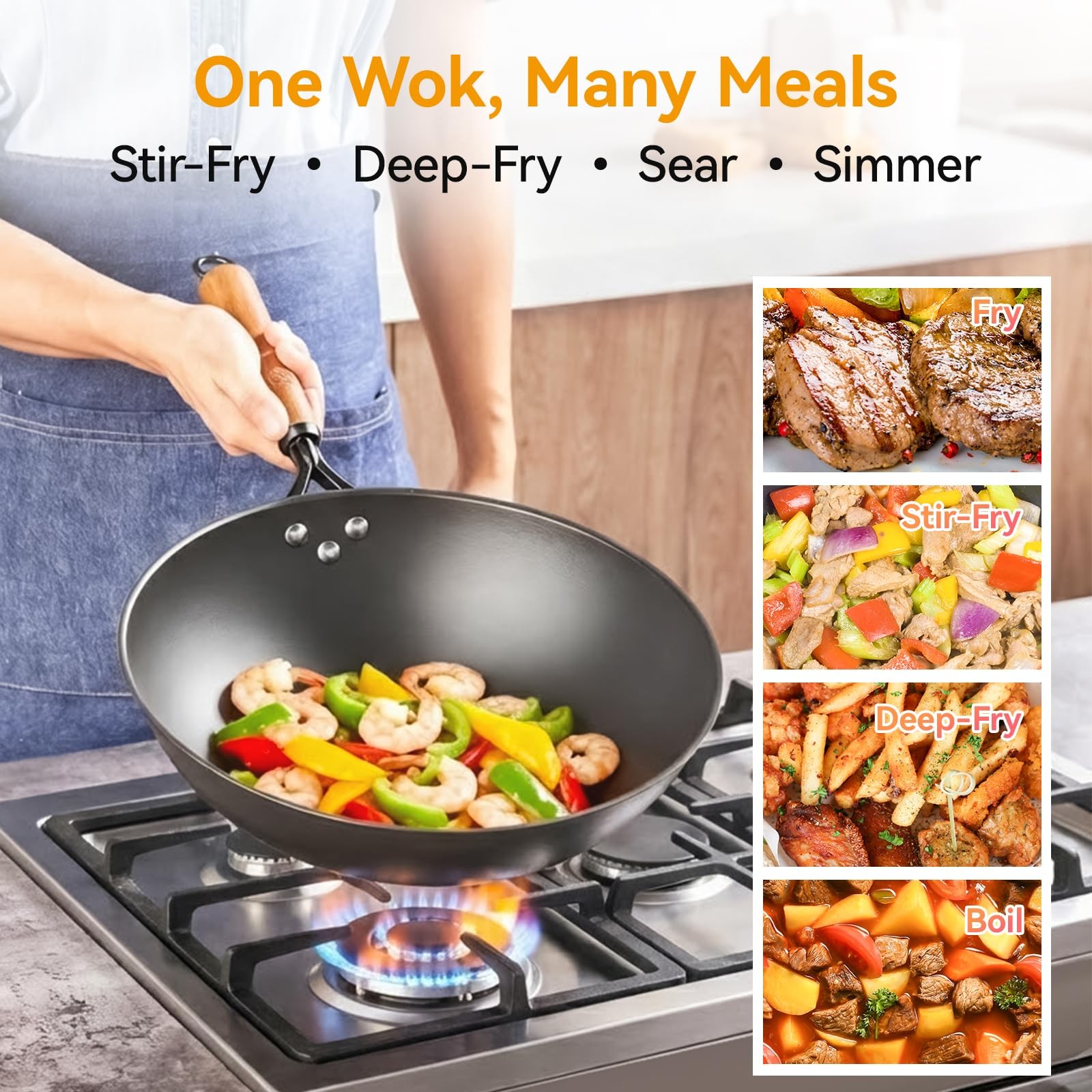 WANGYUANJI Carbon Steel Wok Pan – 12.6 Inch Flat Bottom Wok, Premium Stir Fry Pa