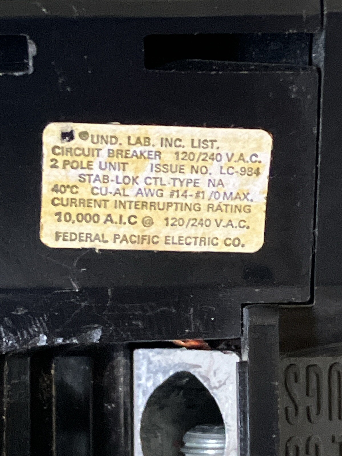 FEDERAL PACIFIC NA2100 2 Pole 100 AMP NA Stab-Lok MAIN FPE NA2P100 2PNA100